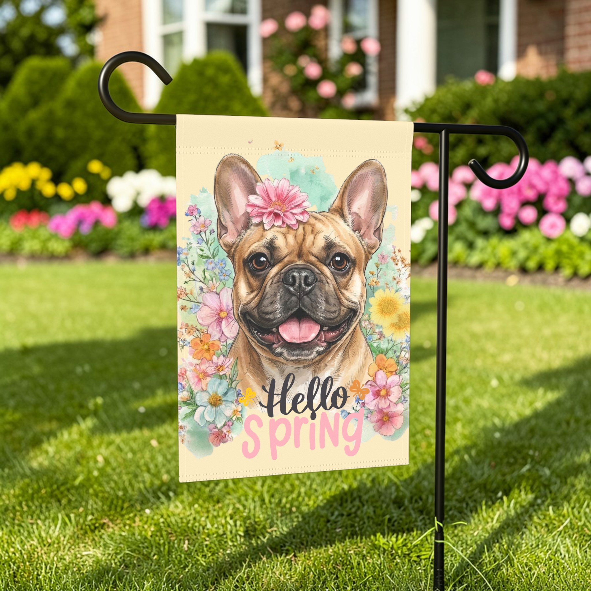 Hello Spring Flower French Bulldog Garden Flag - outdoor display - Dragonfire Gardens