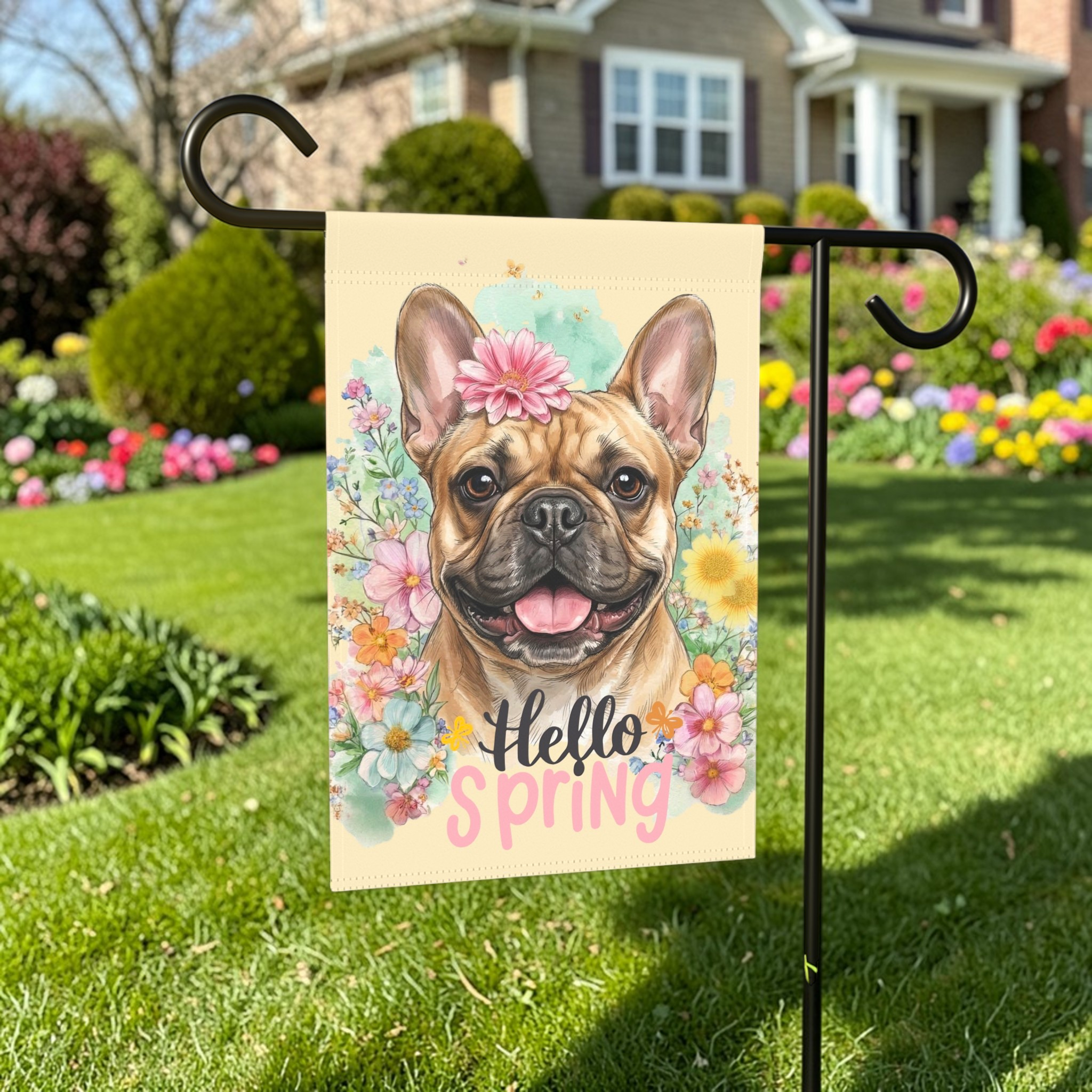 Hello Spring Flower French Bulldog Garden Flag - lifestyle display - Dragonfire Gardens