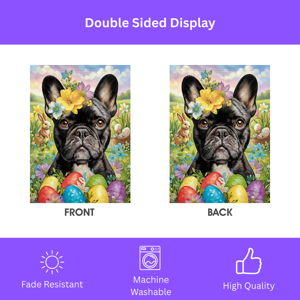 Frenchie Flowers and Easter Eggs Garden Flag