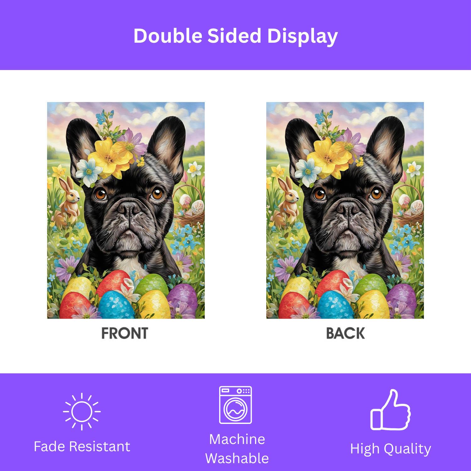 Frenchie Flowers and Easter Eggs Garden Flag