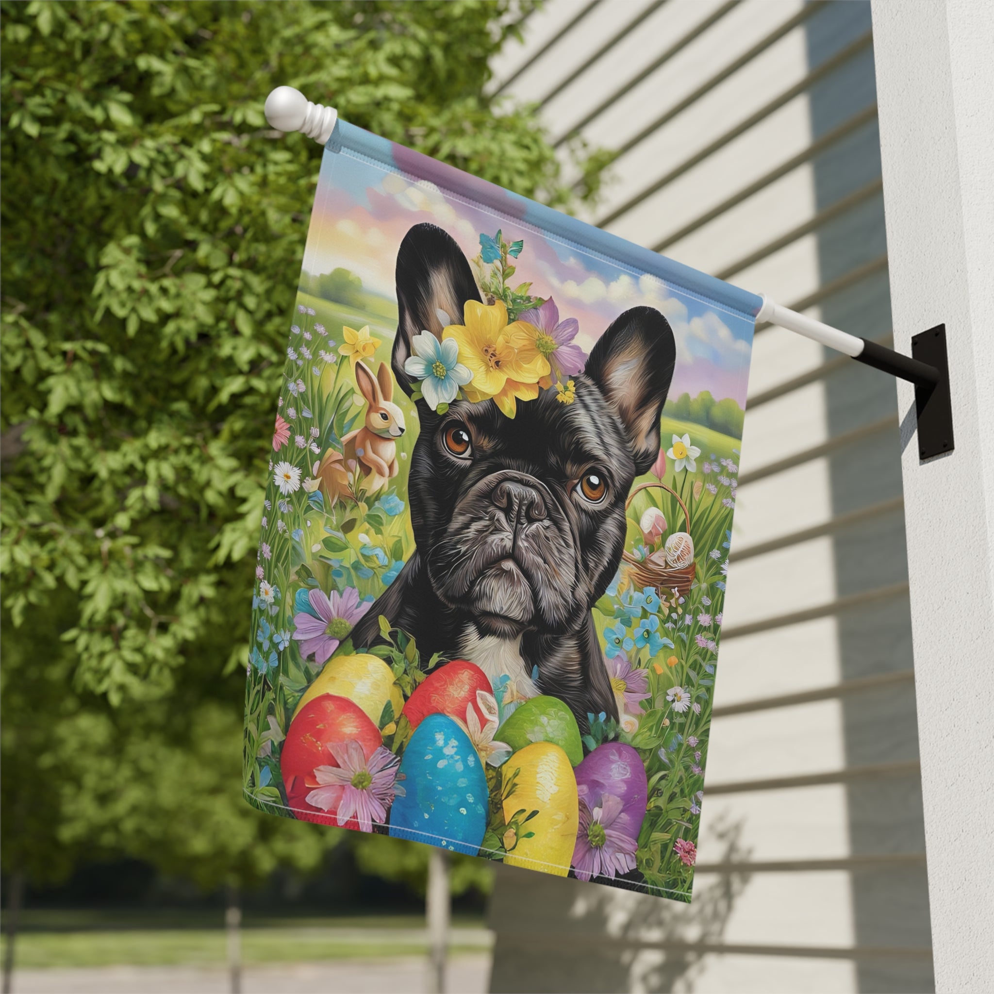 Frenchie Flowers and Easter Eggs Garden Flag