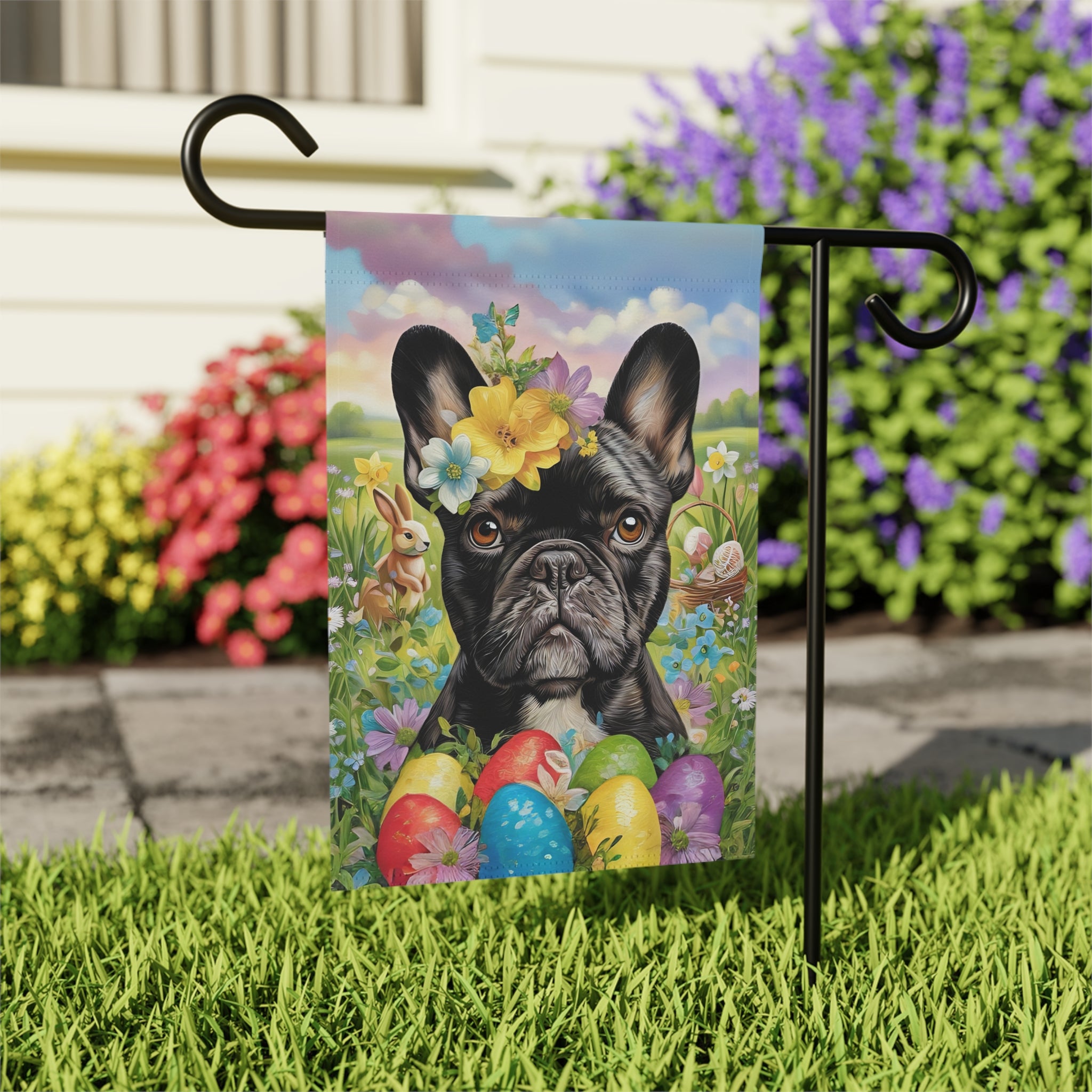 Frenchie Flowers and Easter Eggs Garden Flag