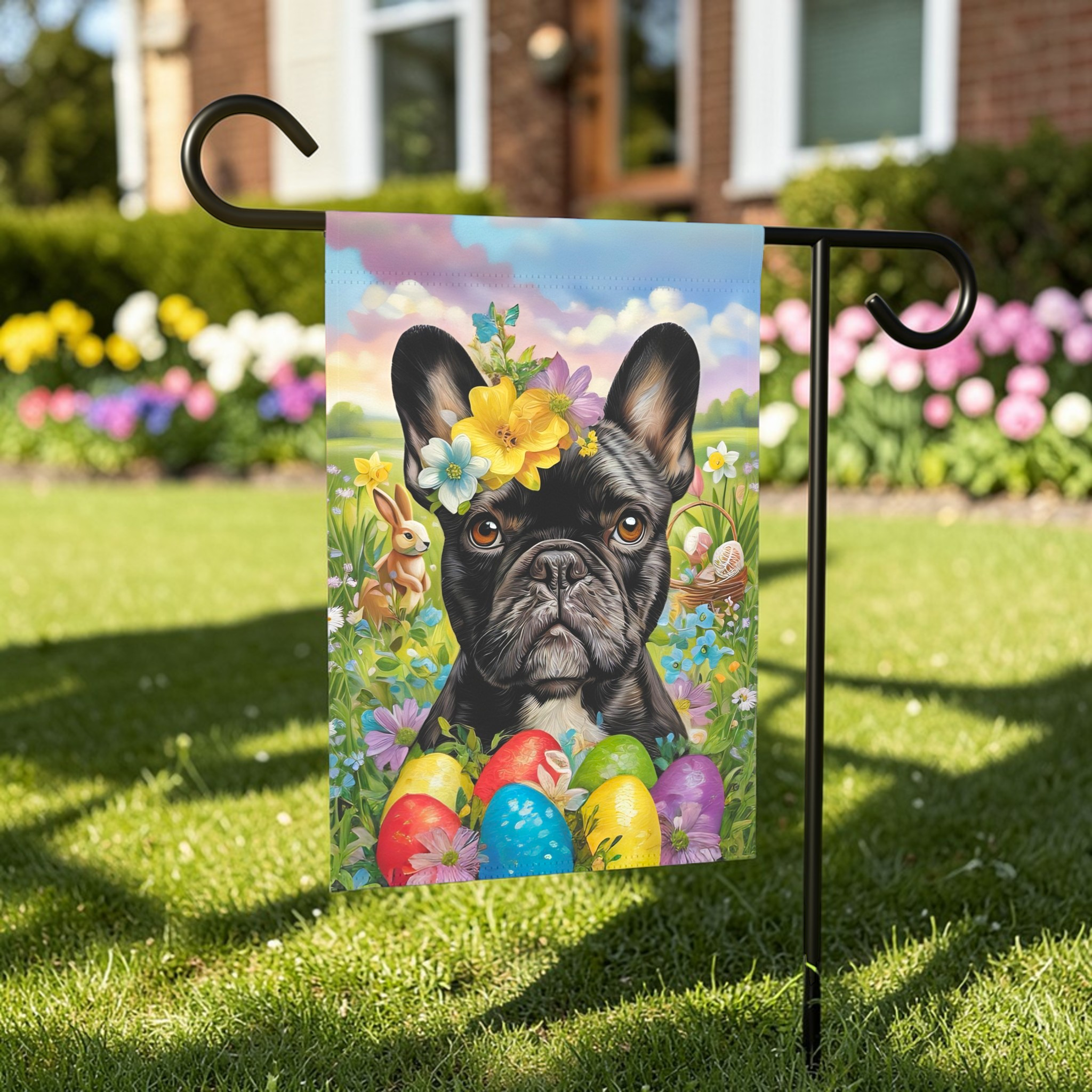 Frenchie Flowers and Easter Eggs Garden Flag