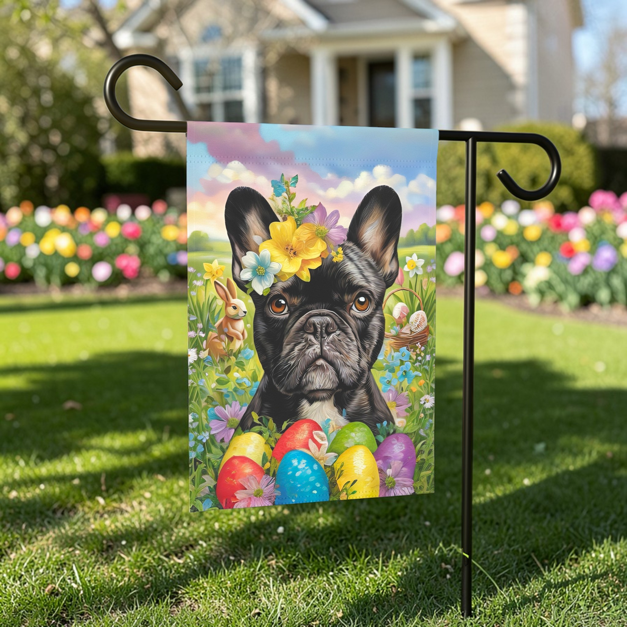 Frenchie Flowers and Easter Eggs Garden Flag