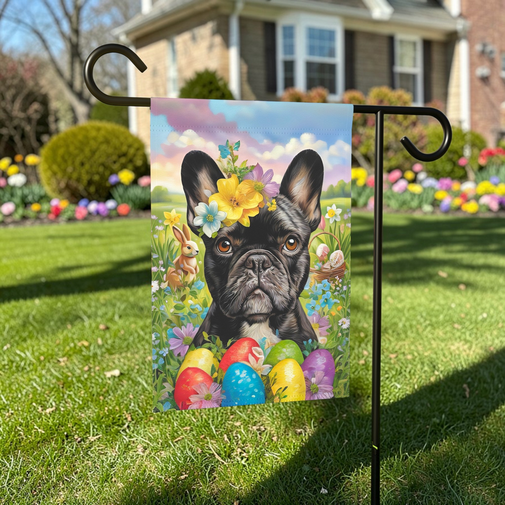 Frenchie Flowers and Easter Eggs Garden Flag