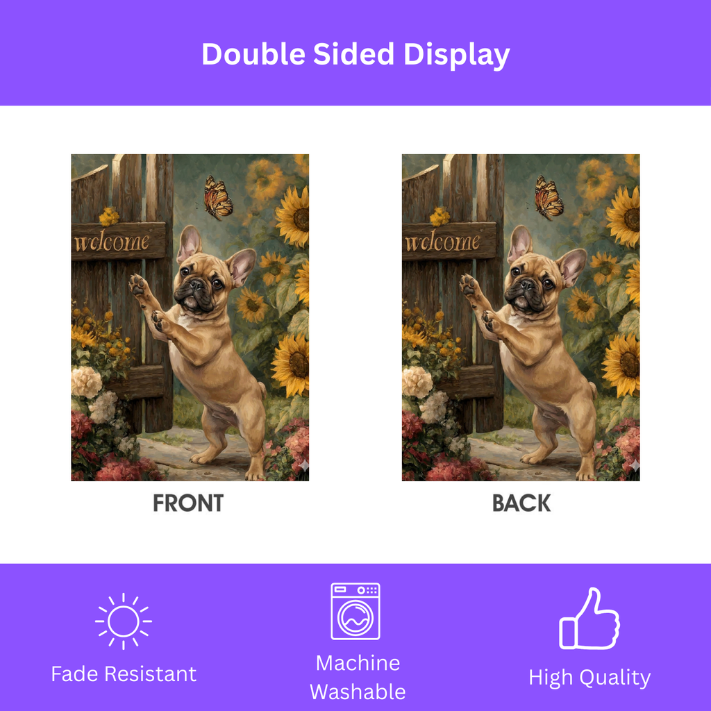 French Bulldog and Sunflowers Garden Flag - size comparison - Dragonfire Gardens