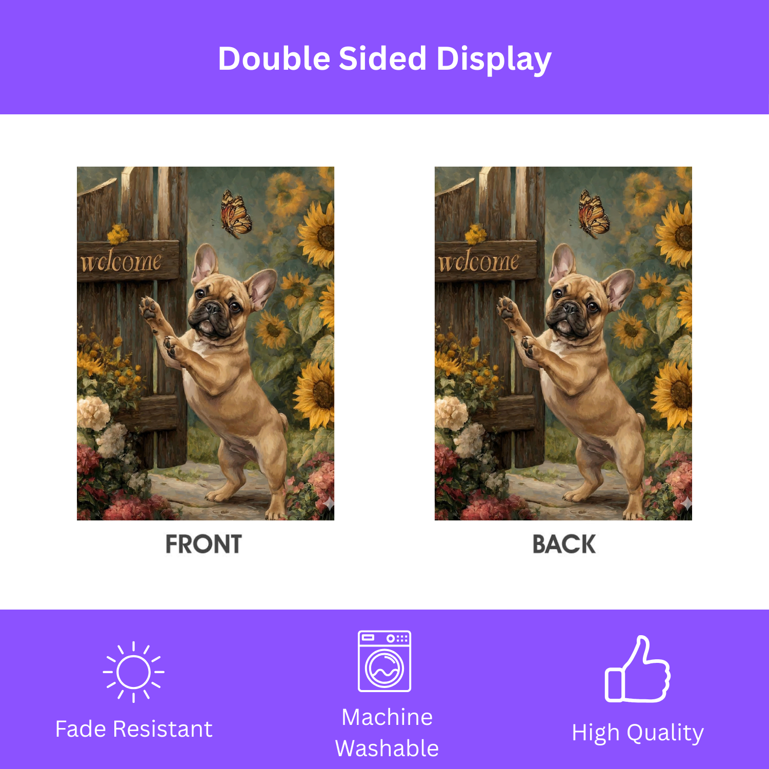 French Bulldog and Sunflowers Garden Flag - size comparison - Dragonfire Gardens