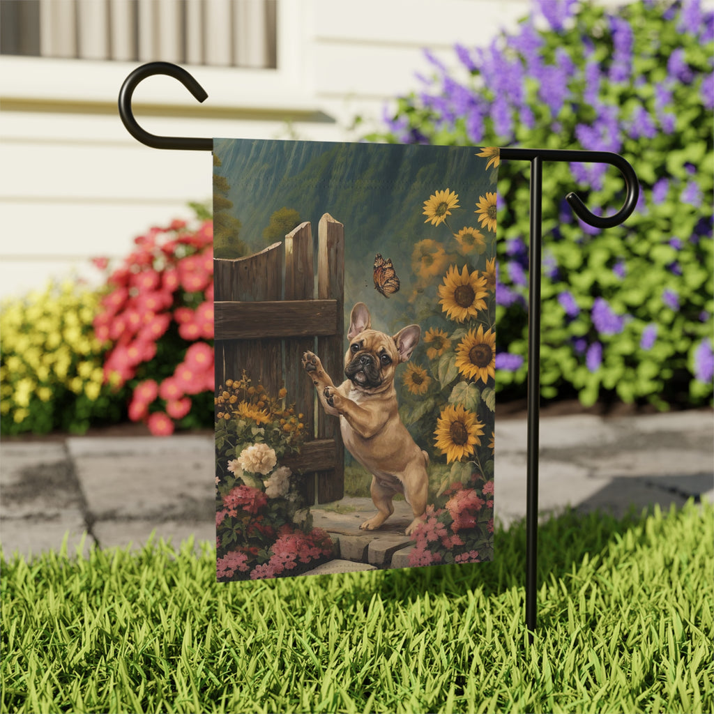 French Bulldog and Sunflowers Garden Flag - close-up detail - Dragonfire Gardens