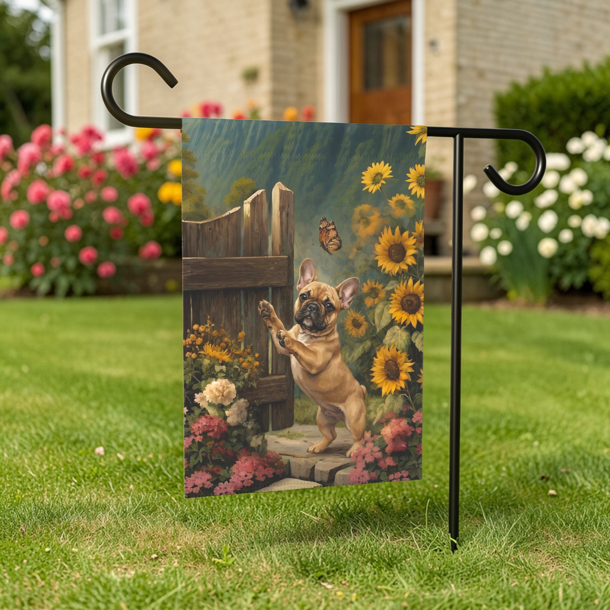 French Bulldog and Sunflowers Garden Flag - front view - Dragonfire Gardens