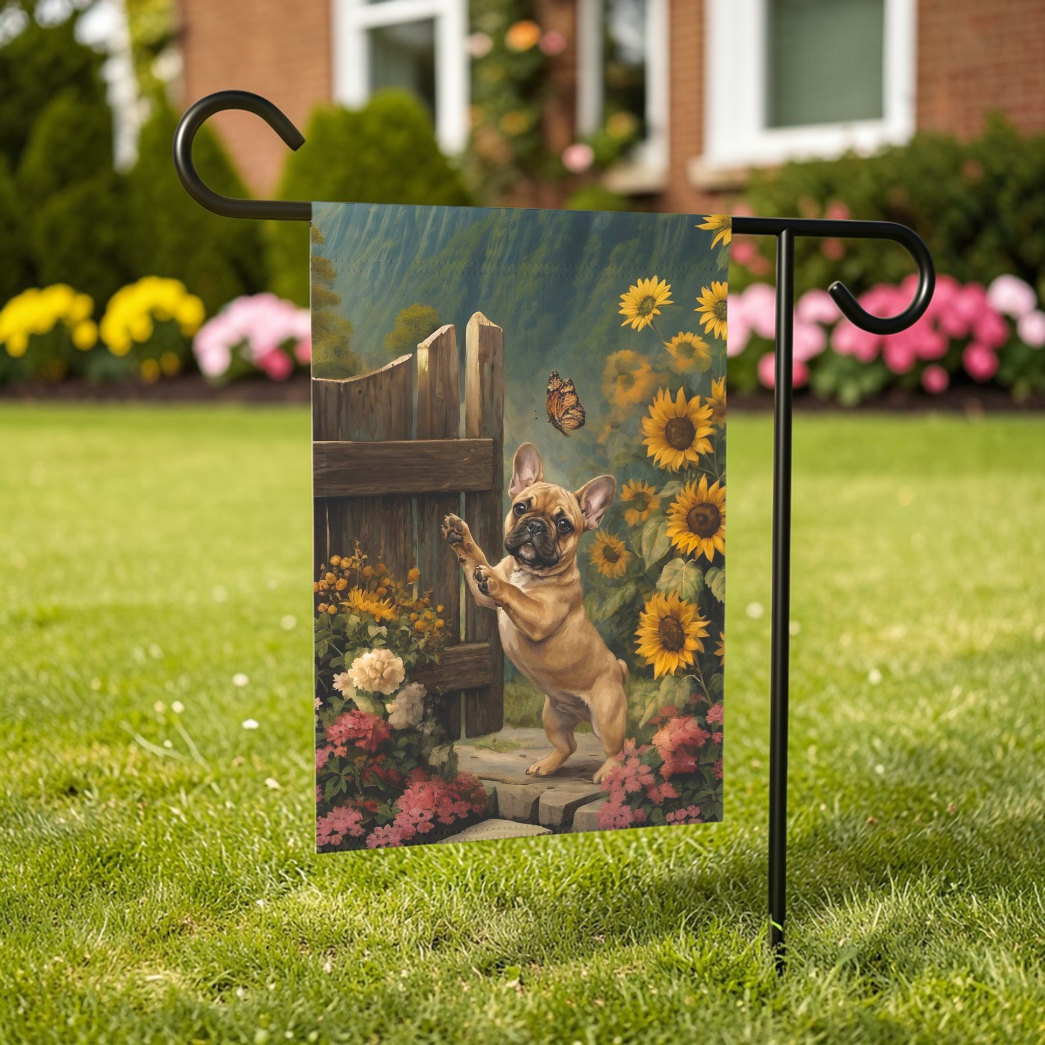 French Bulldog and Sunflowers Garden Flag - lifestyle display - Dragonfire Gardens