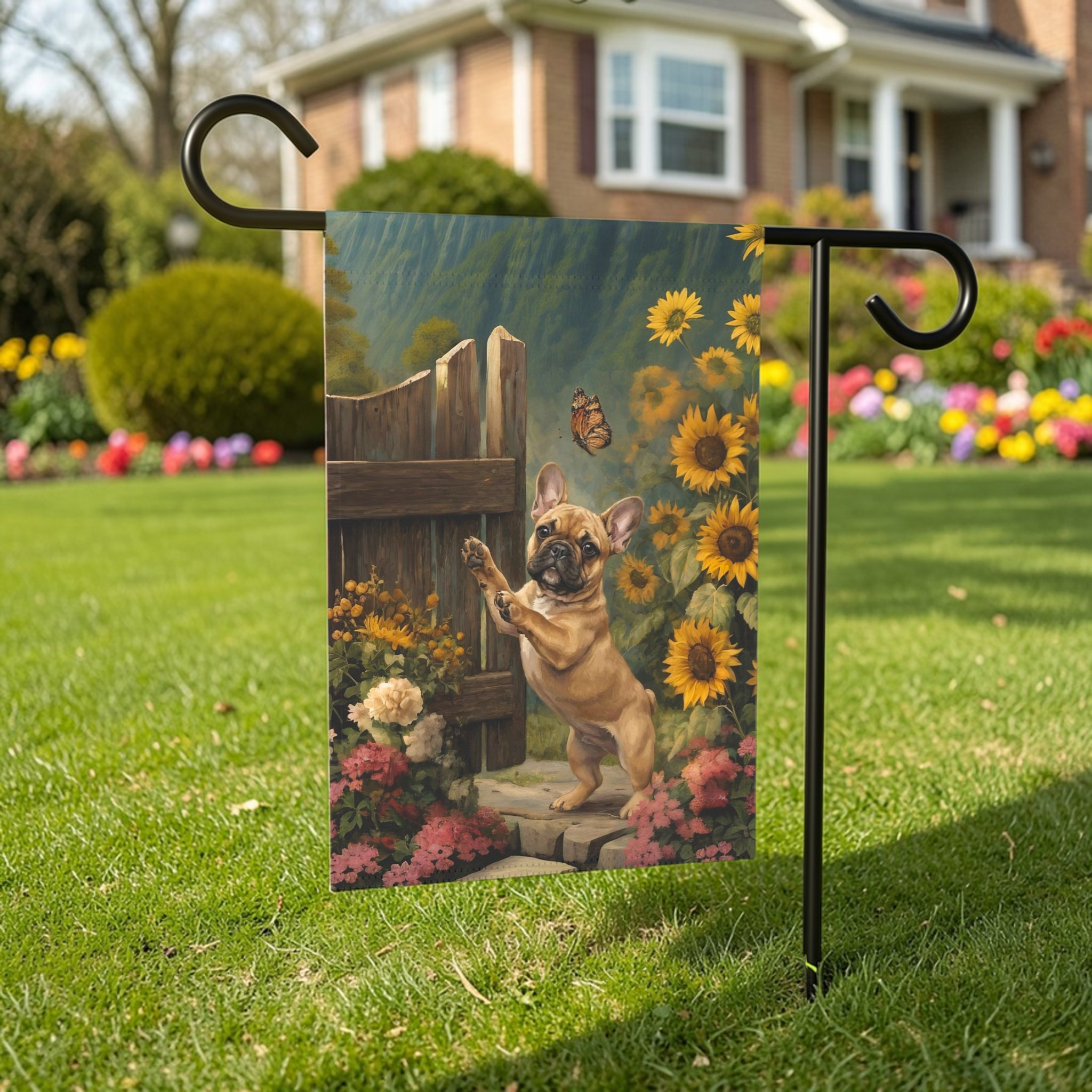 French Bulldog and Sunflowers Garden Flag - outdoor display - Dragonfire Gardens