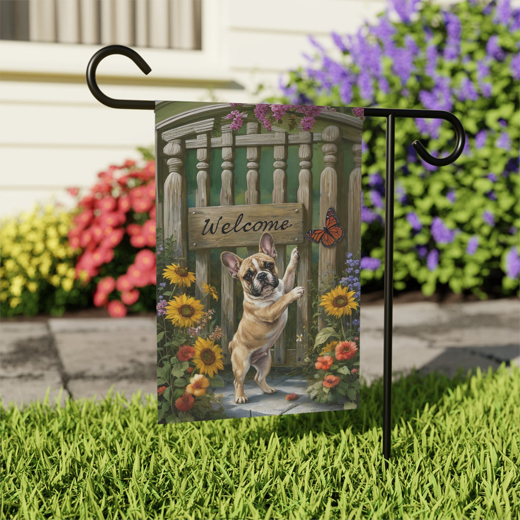 French Bulldog Butterfly Welcome Garden Flag - close-up detail - Dragonfire Gardens