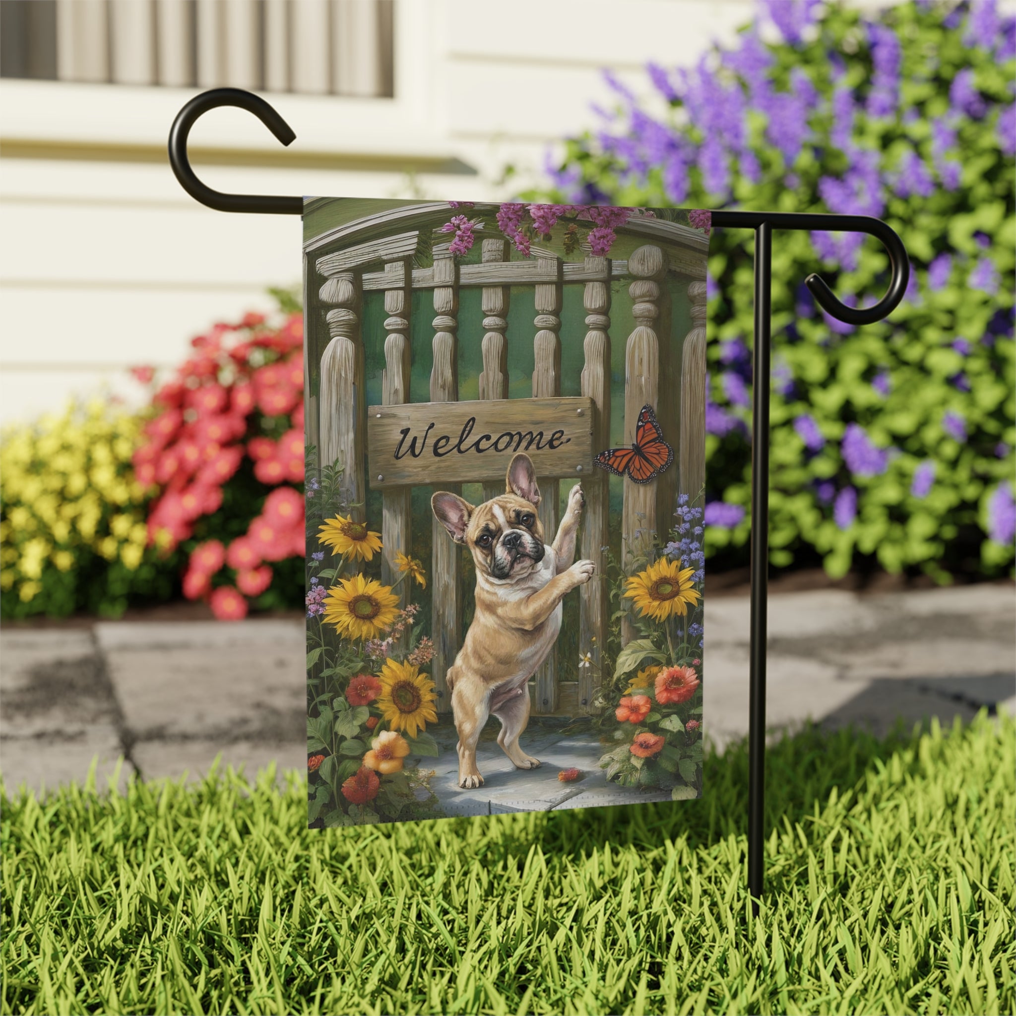 French Bulldog Butterfly Welcome Garden Flag - close-up detail - Dragonfire Gardens