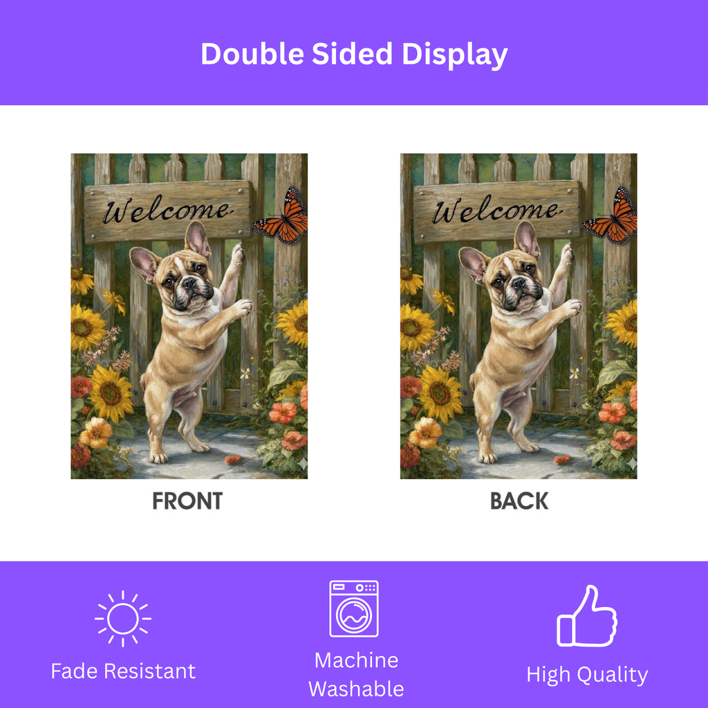 French Bulldog Butterfly Welcome Garden Flag - size comparison - Dragonfire Gardens