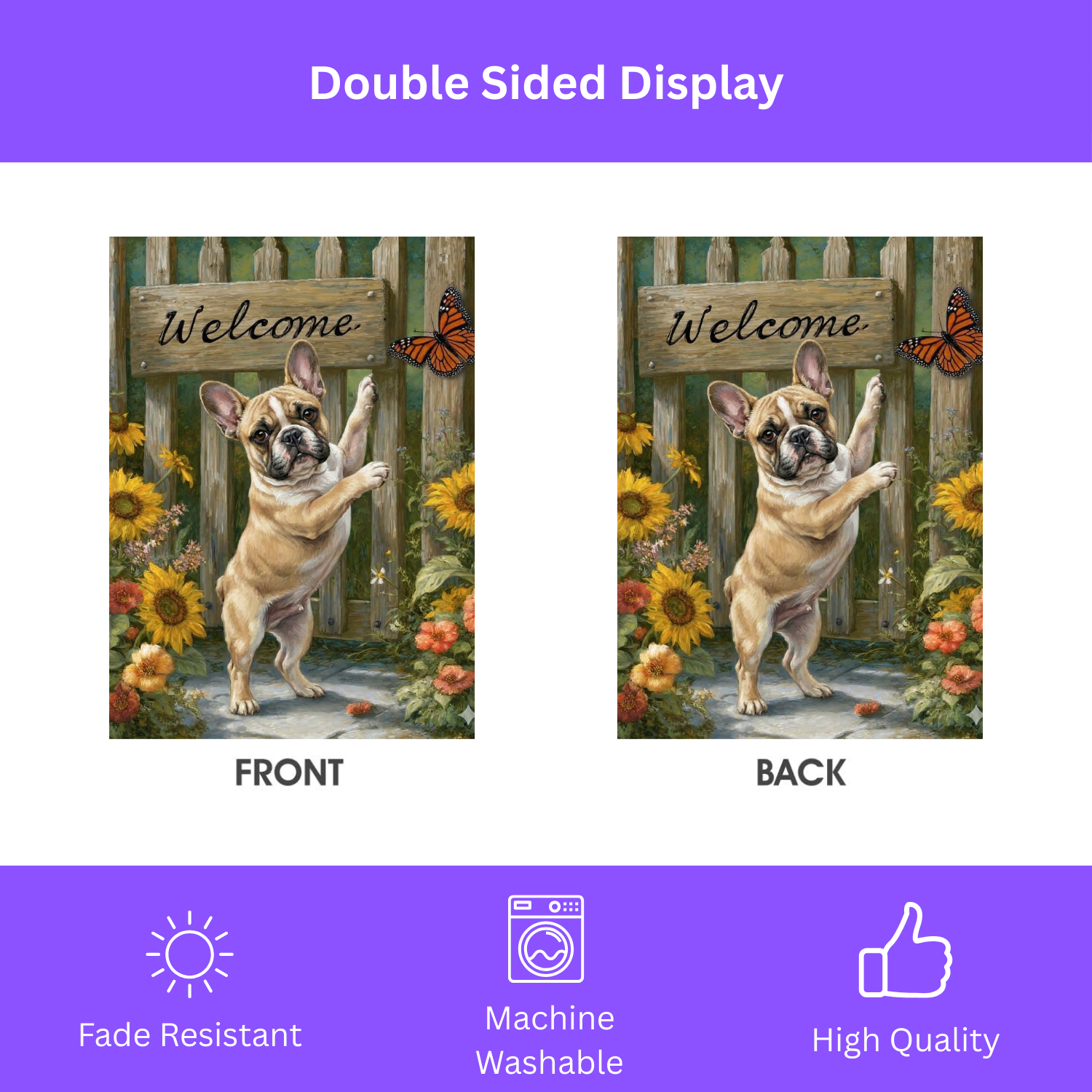 French Bulldog Butterfly Welcome Garden Flag - size comparison - Dragonfire Gardens