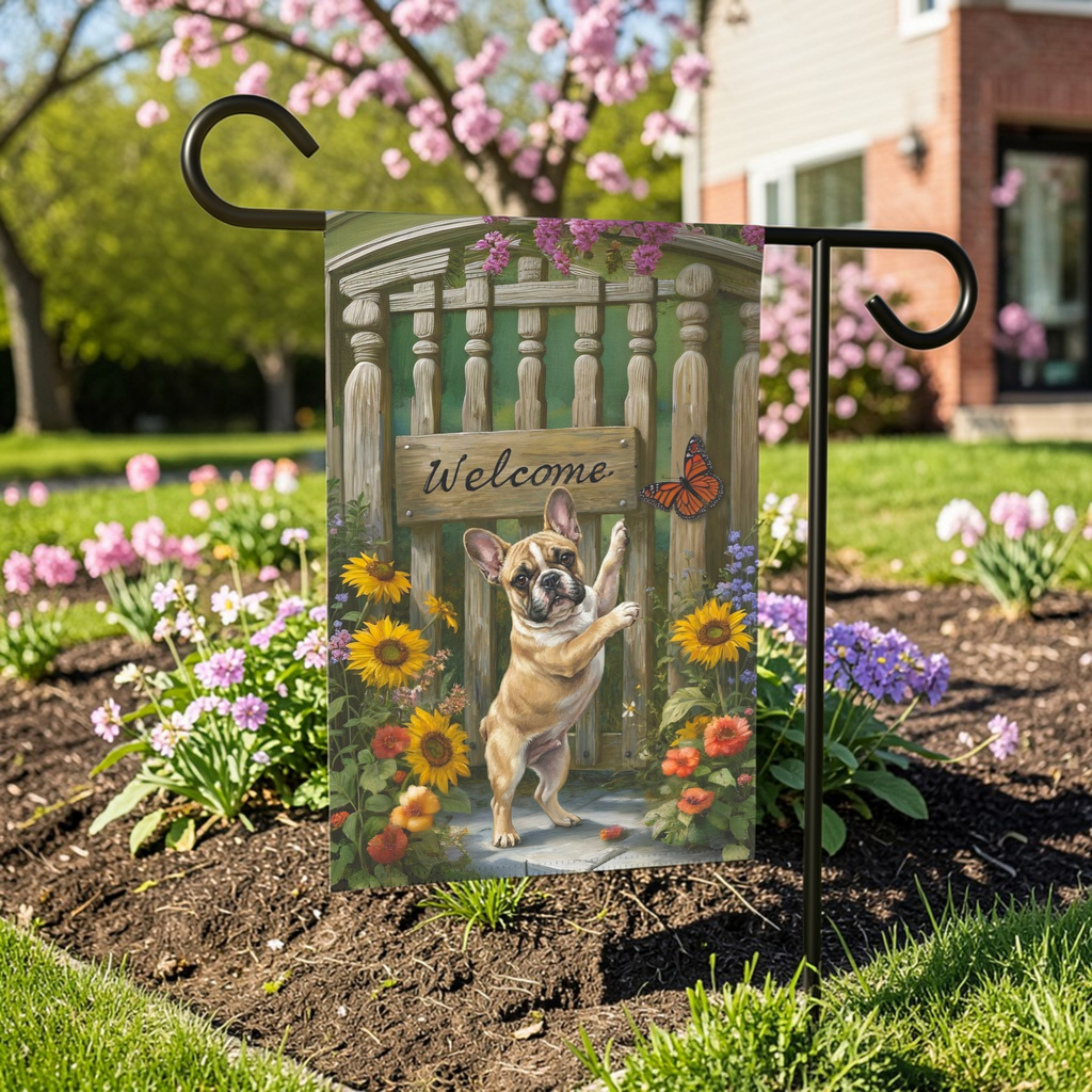 French Bulldog Butterfly Welcome Garden Flag - lifestyle display - Dragonfire Gardens