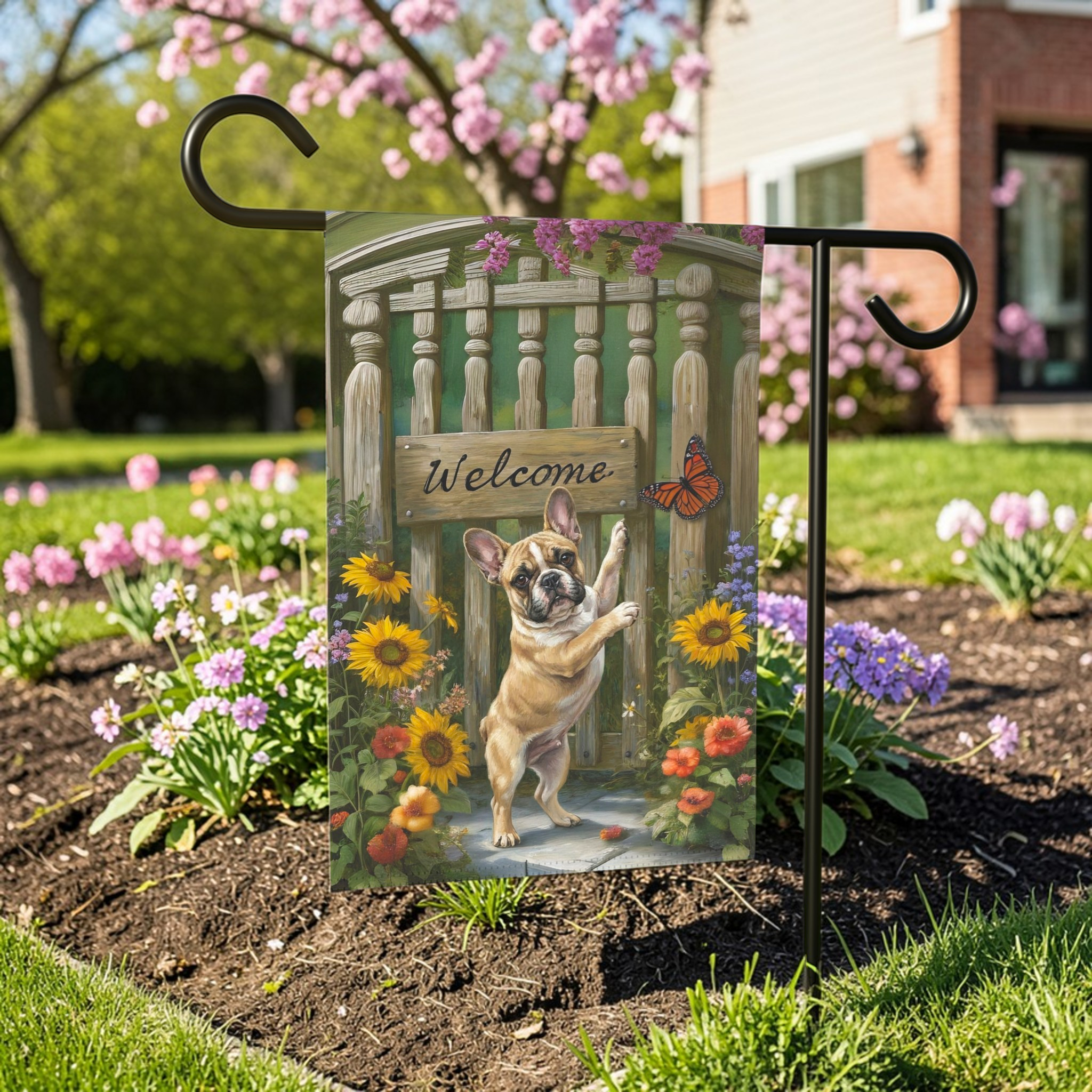 French Bulldog Butterfly Welcome Garden Flag - lifestyle display - Dragonfire Gardens