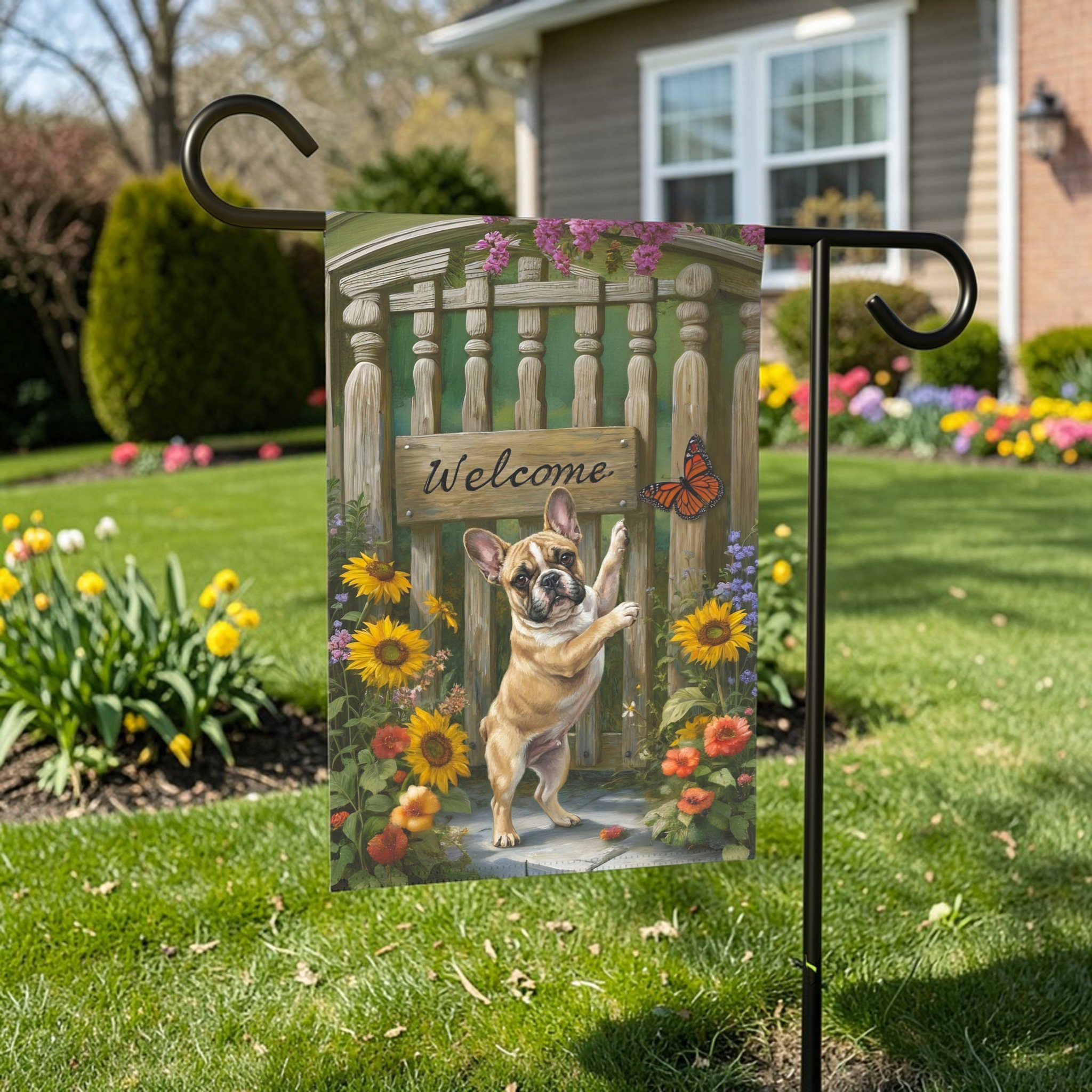 French Bulldog Butterfly Welcome Garden Flag - outdoor display - Dragonfire Gardens