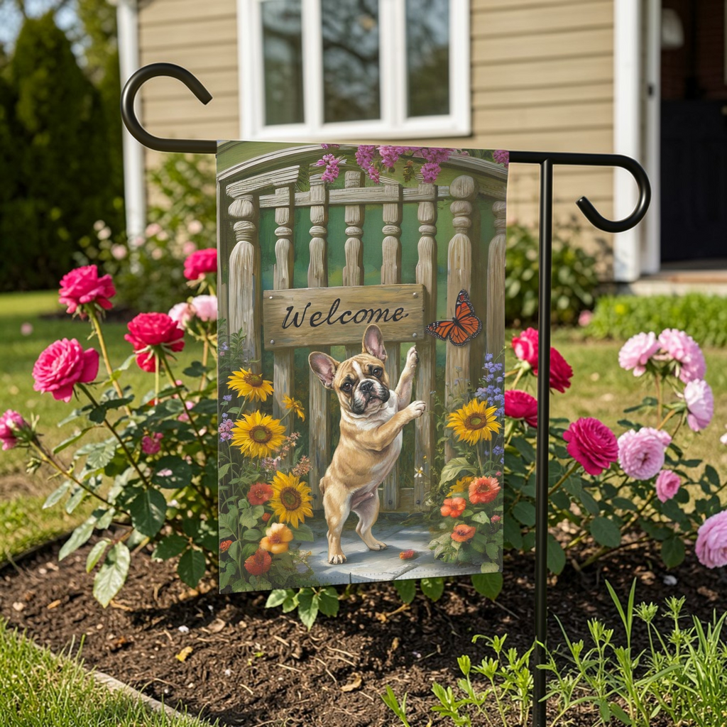 French Bulldog Butterfly Welcome Garden Flag - front view - Dragonfire Gardens