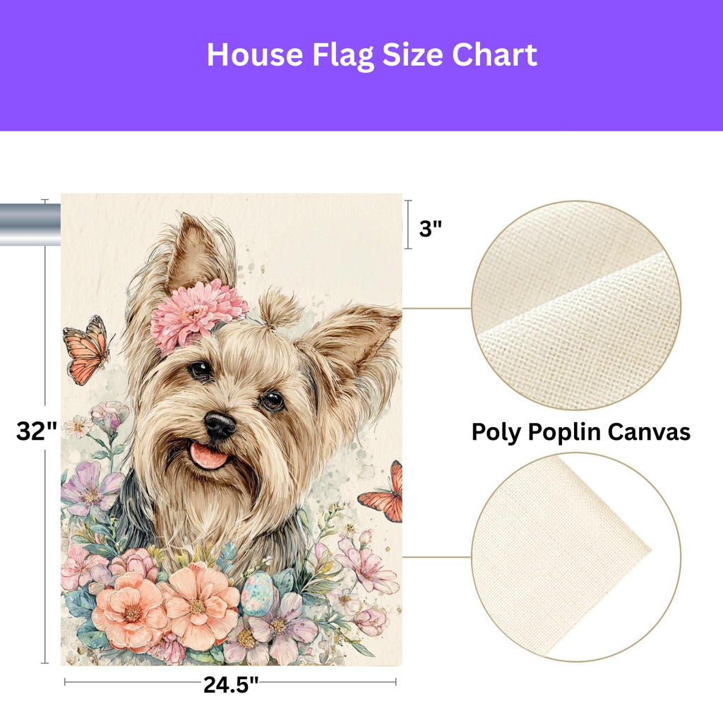Flowers and Butterflies Yorkshire Terrier Garden Flag - size comparison - Dragonfire Gardens