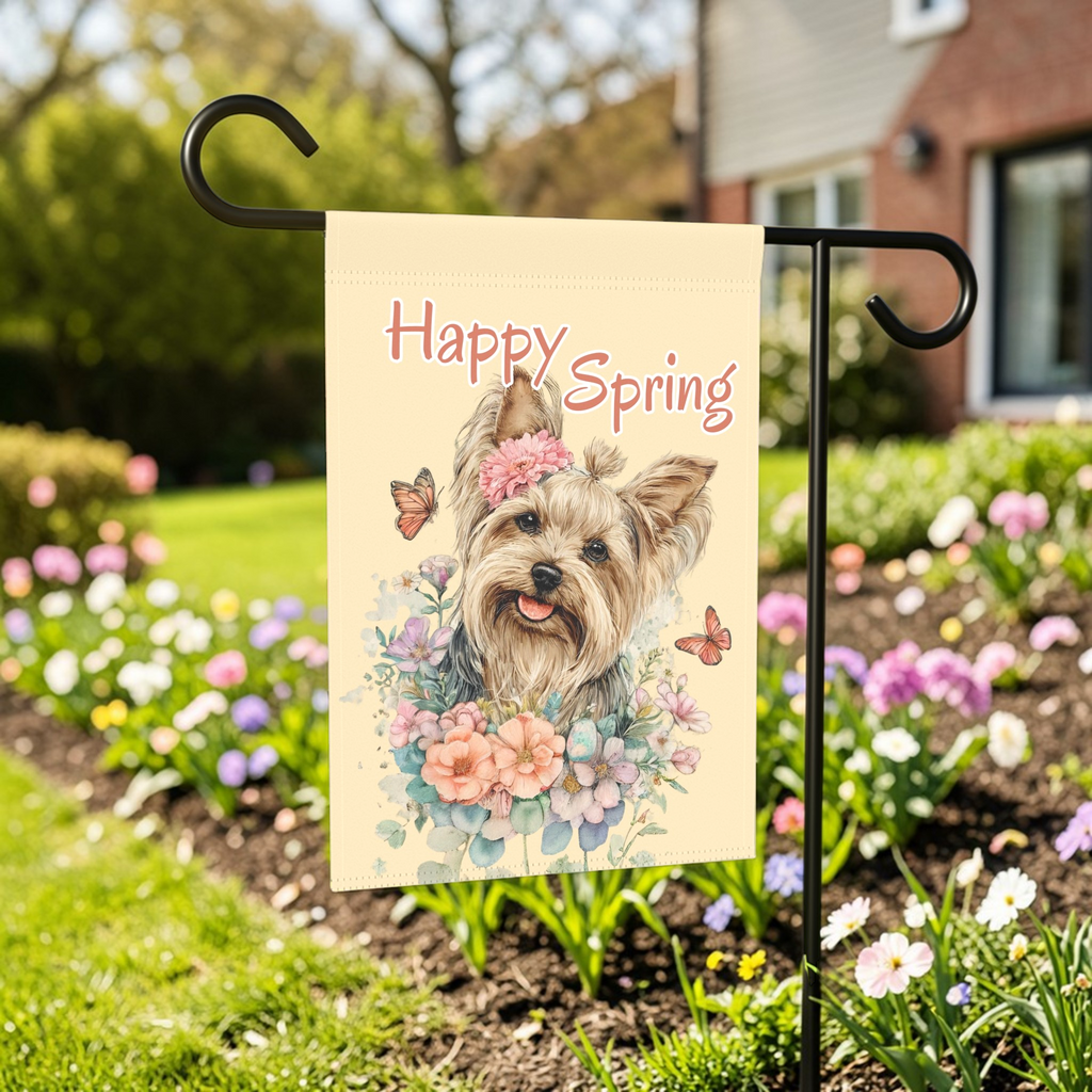 Flowers and Butterflies Yorkshire Terrier Garden Flag - outdoor display - Dragonfire Gardens