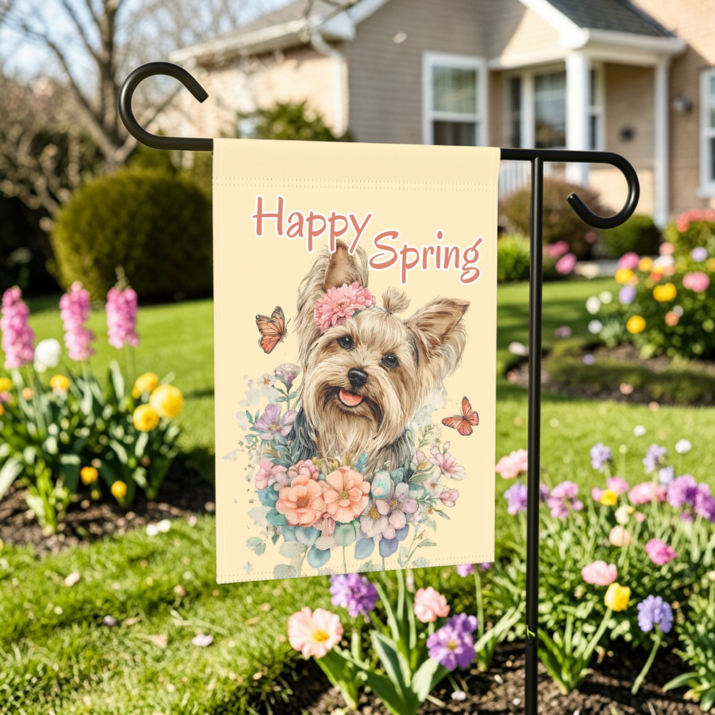 Flowers and Butterflies Yorkshire Terrier Garden Flag - front view - Dragonfire Gardens