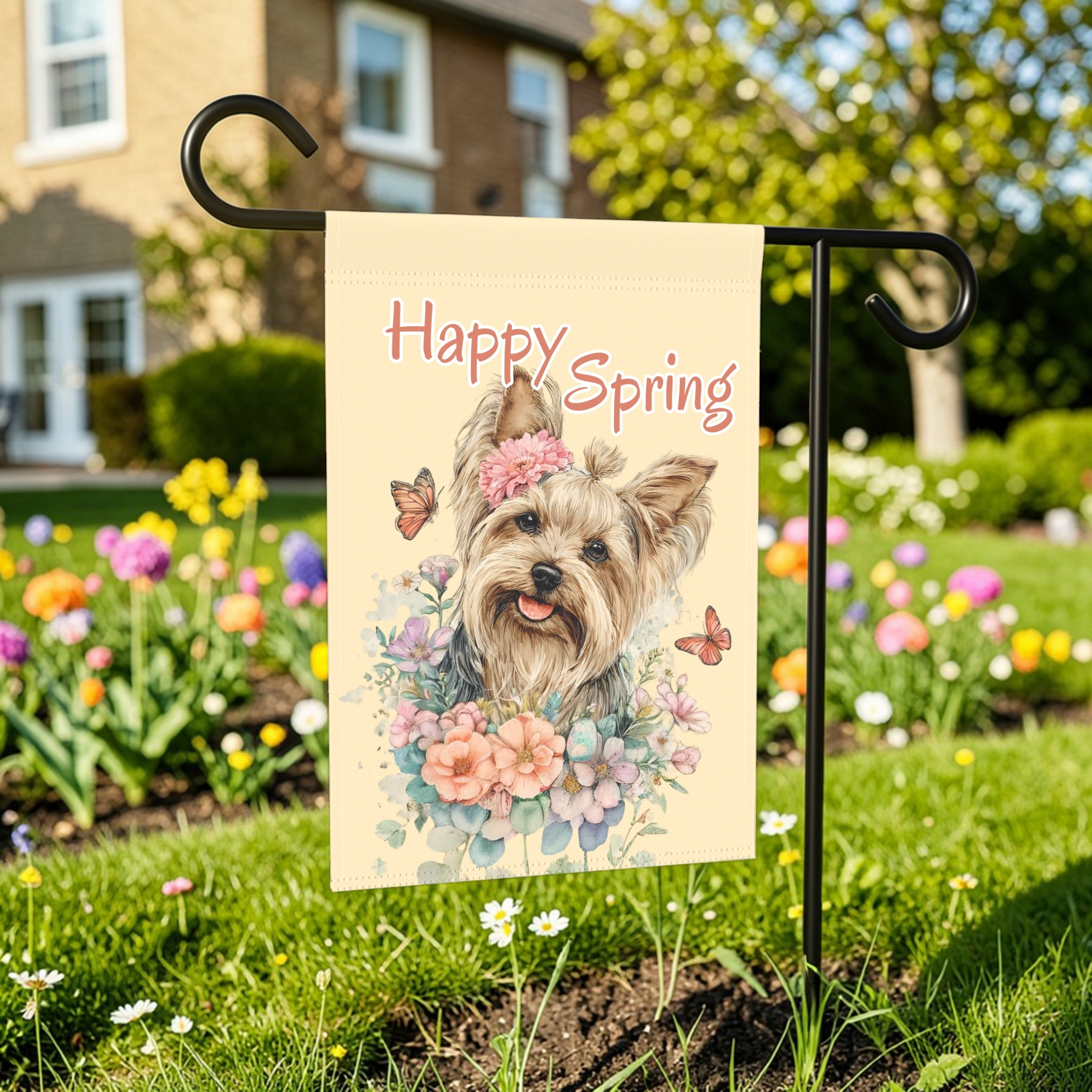 Flowers and Butterflies Yorkshire Terrier Garden Flag - lifestyle display - Dragonfire Gardens