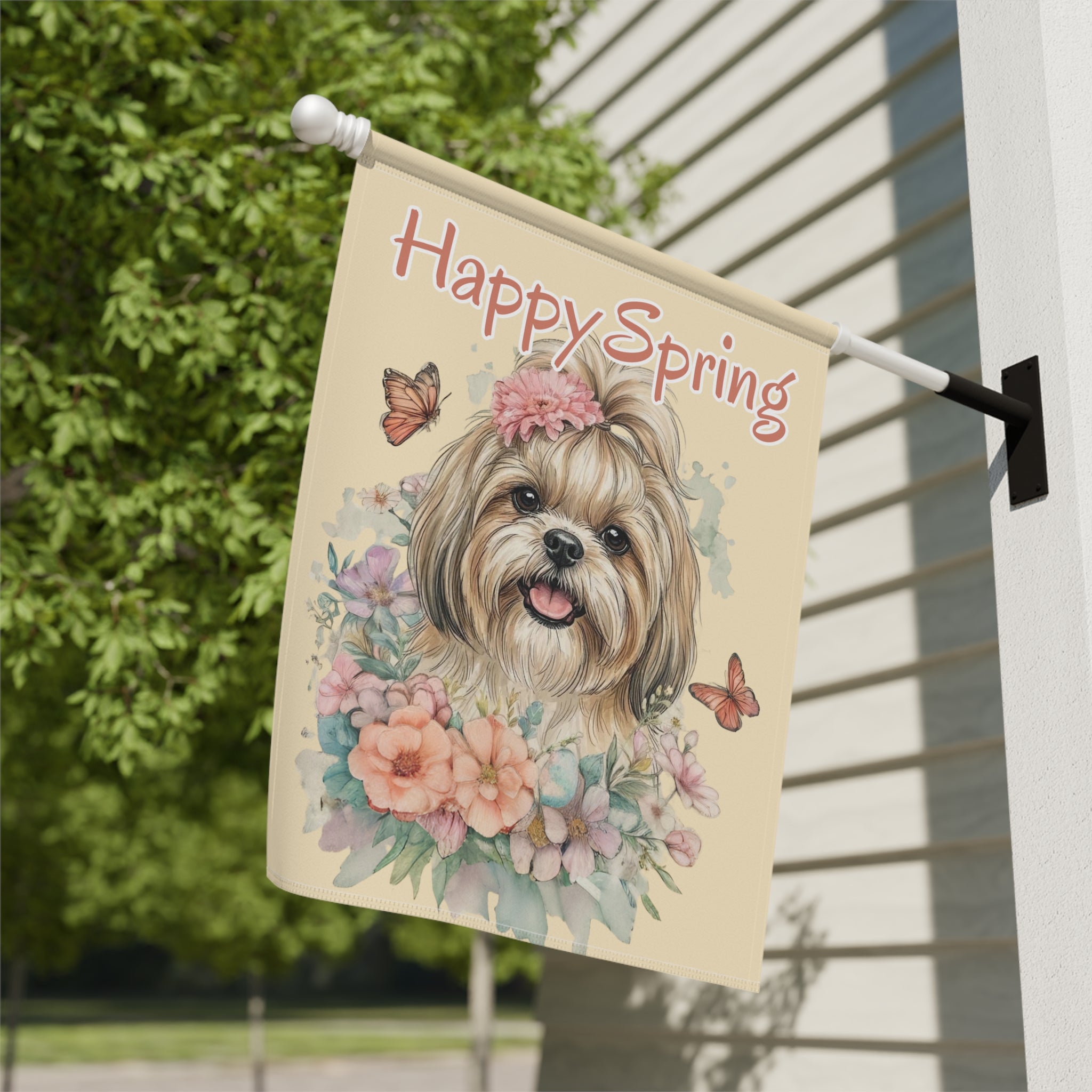 Flowers and Butterflies Shih Tzu Garden Flag - yard display - Dragonfire Gardens