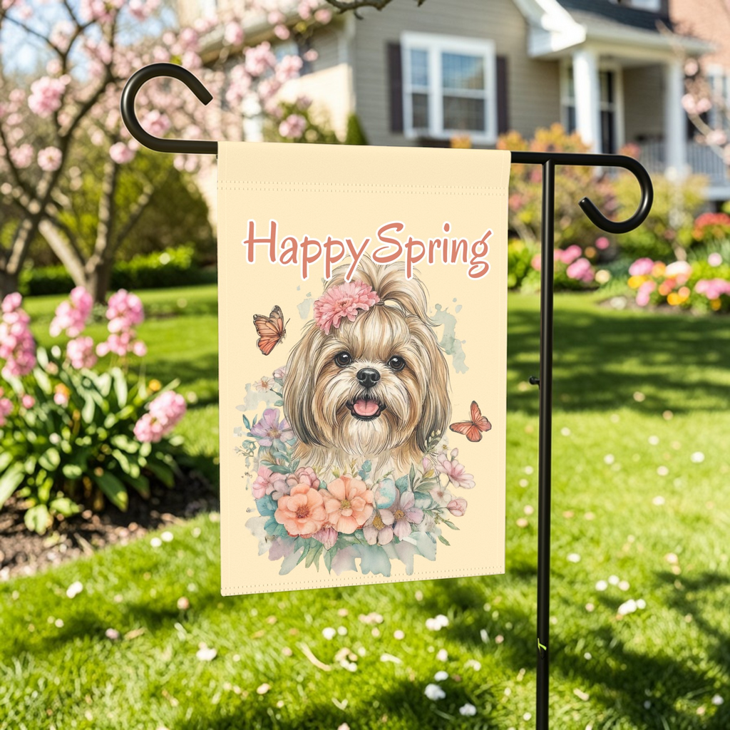 Flowers and Butterflies Shih Tzu Garden Flag - front view - Dragonfire Gardens