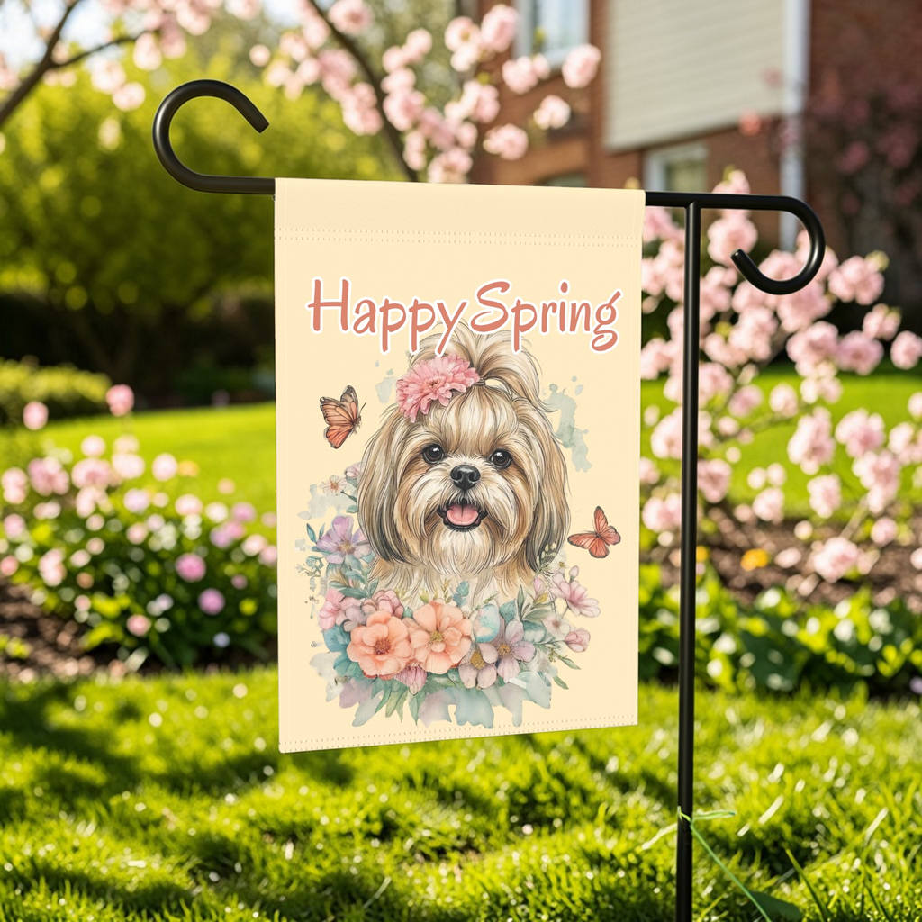 Flowers and Butterflies Shih Tzu Garden Flag - outdoor display - Dragonfire Gardens