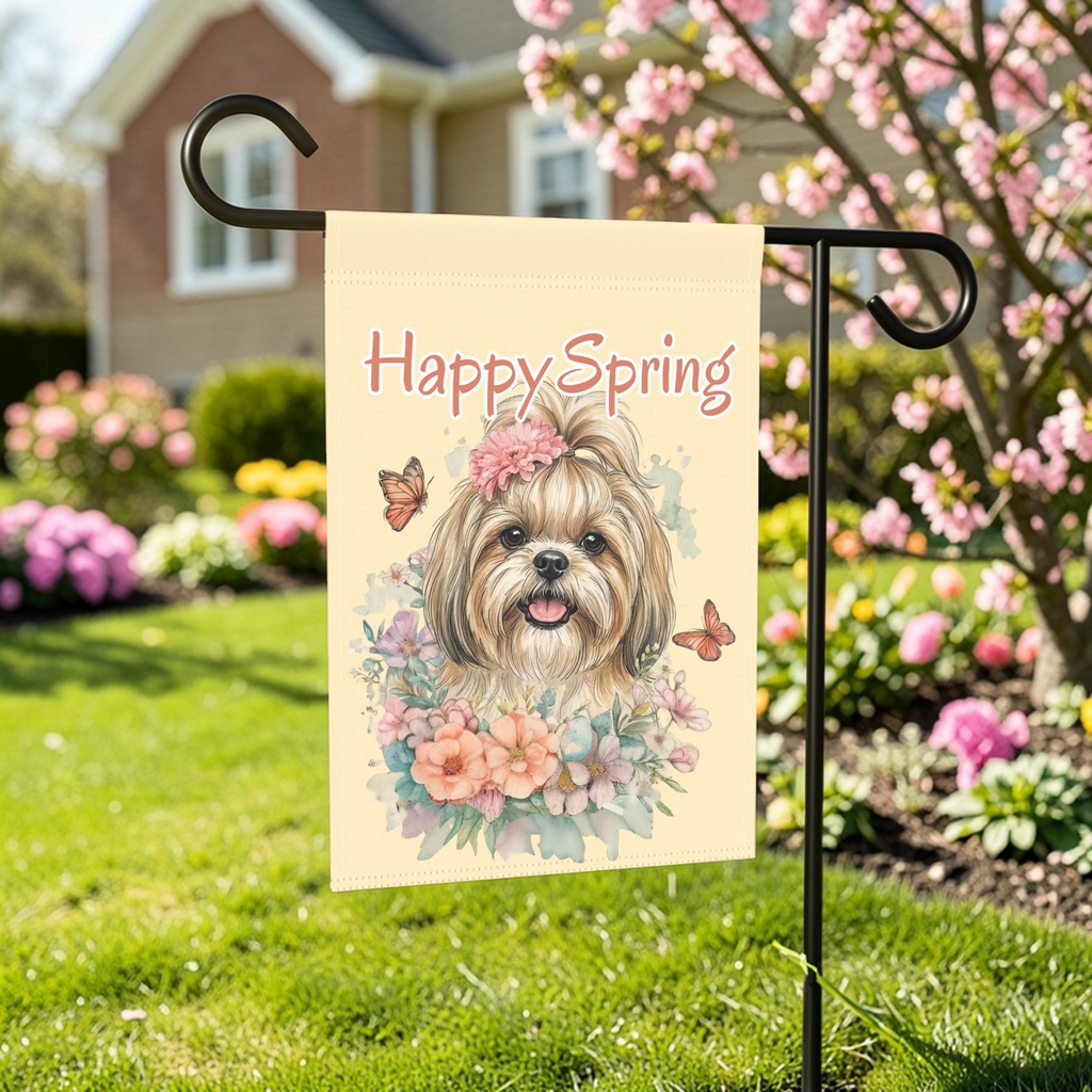 Flowers and Butterflies Shih Tzu Garden Flag - lifestyle display - Dragonfire Gardens