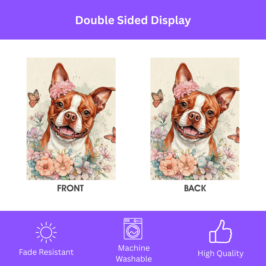 Flowers and Butterflies Red Boston Terrier Garden Flag - porch decor - Dragonfire Gardens
