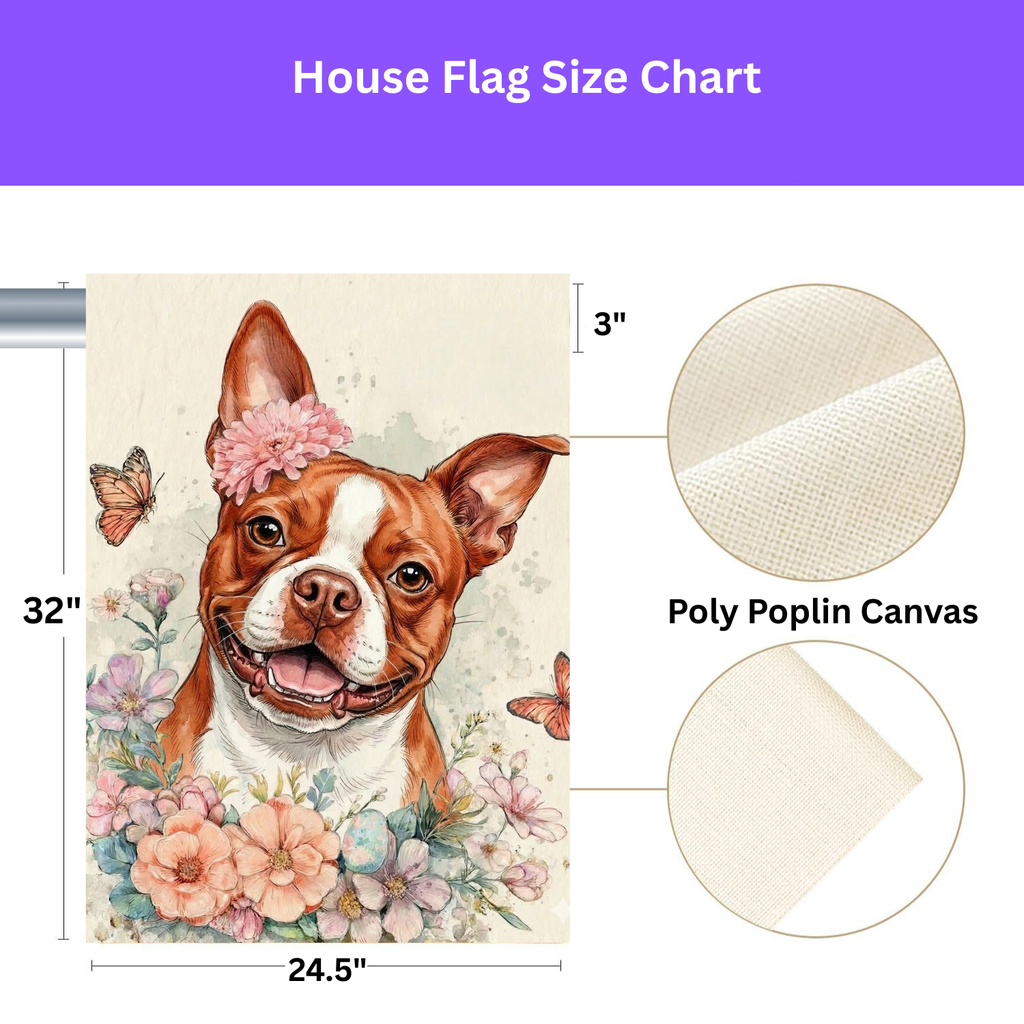 Flowers and Butterflies Red Boston Terrier Garden Flag - size comparison - Dragonfire Gardens