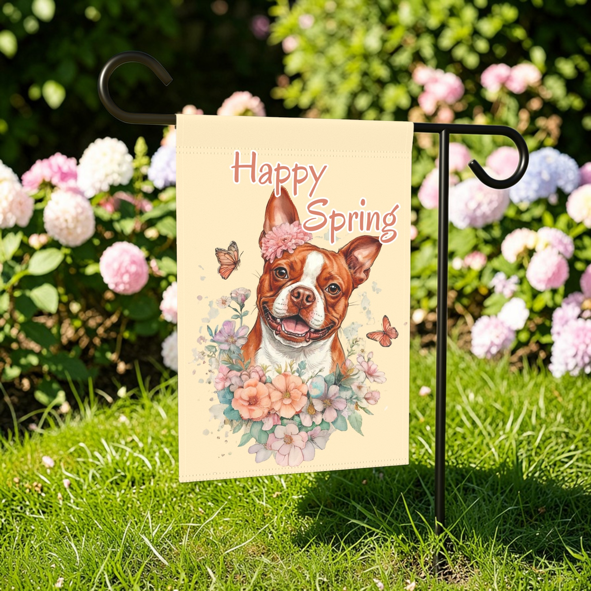 Flowers and Butterflies Red Boston Terrier Garden Flag - front view - Dragonfire Gardens