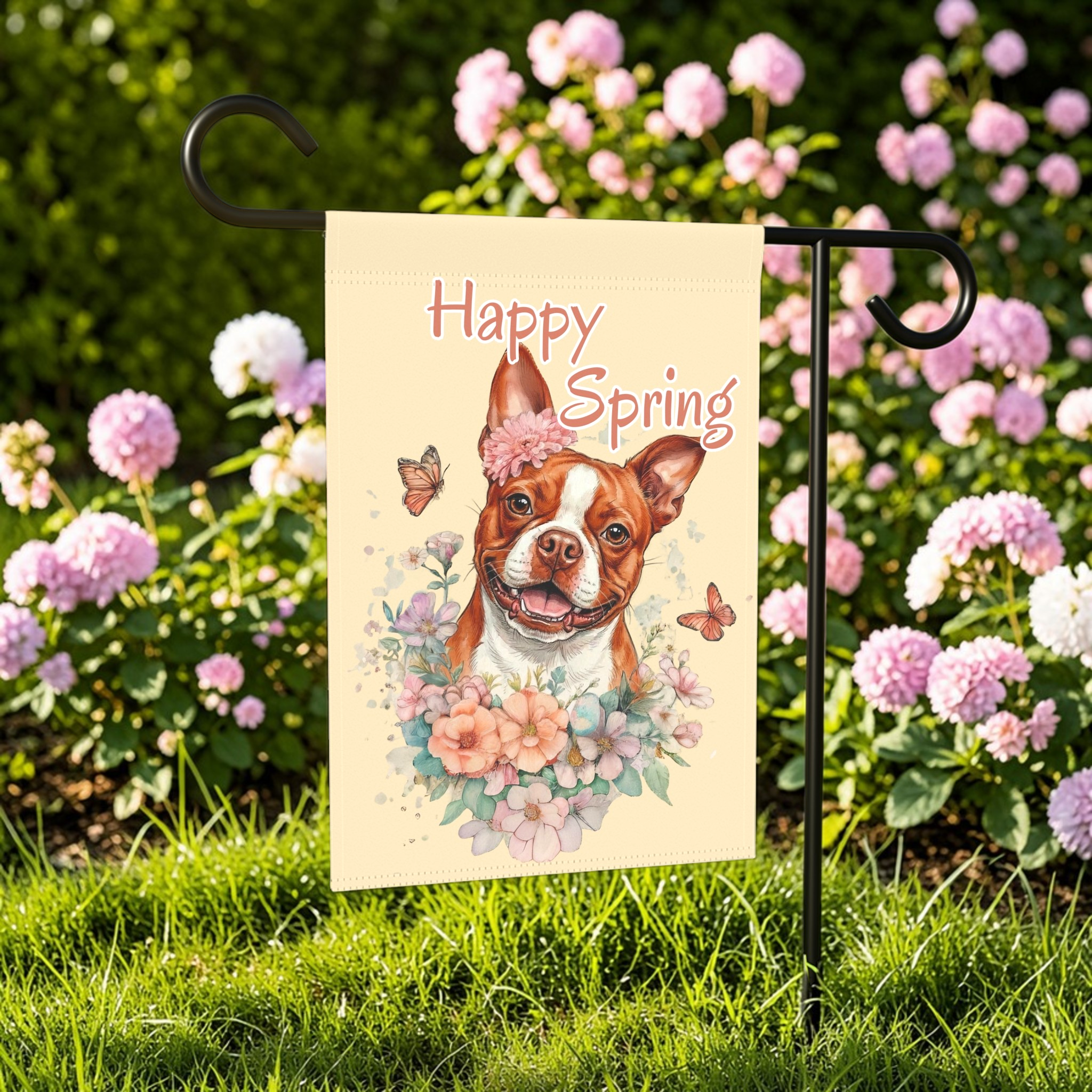 Flowers and Butterflies Red Boston Terrier Garden Flag - outdoor display - Dragonfire Gardens