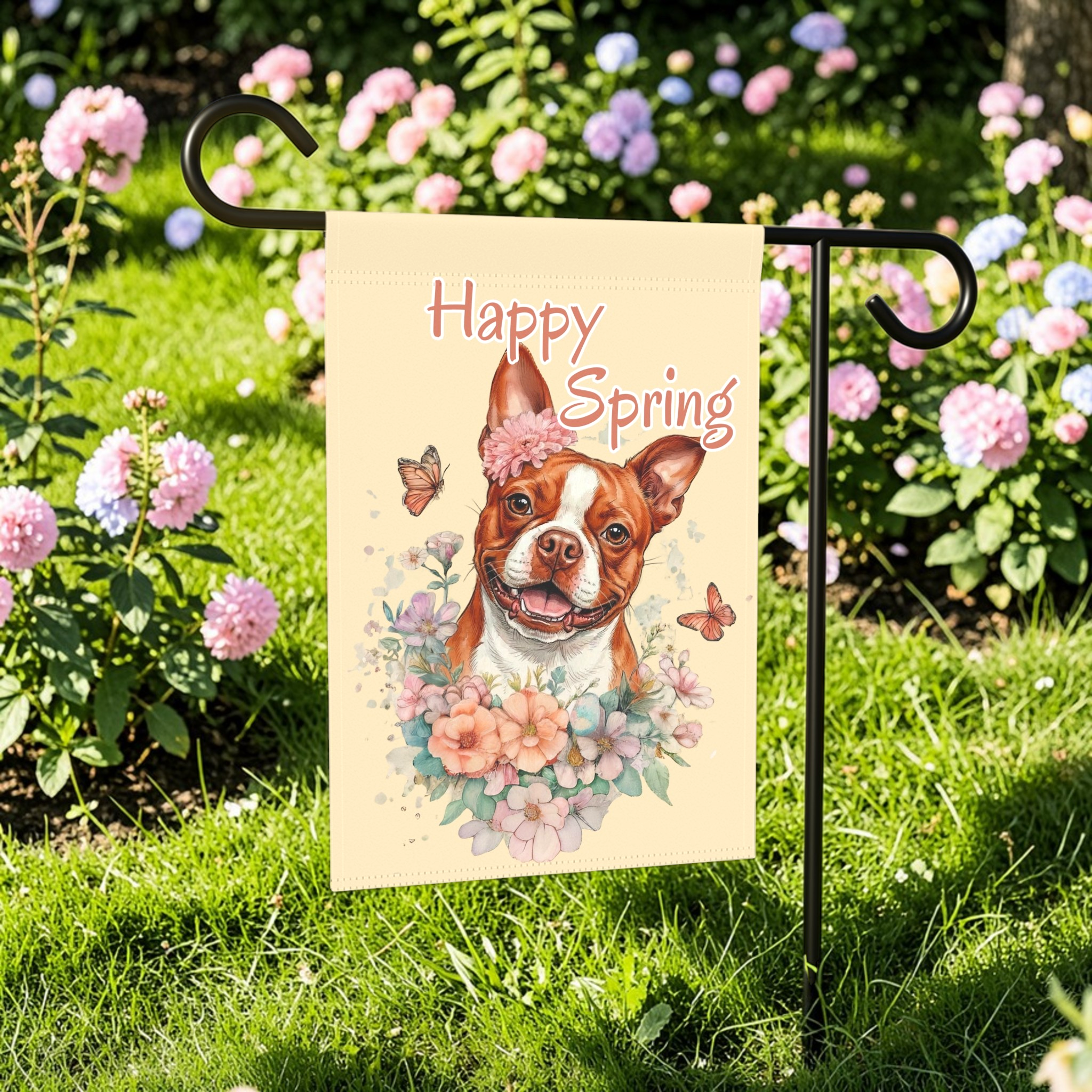 Flowers and Butterflies Red Boston Terrier Garden Flag - lifestyle display - Dragonfire Gardens