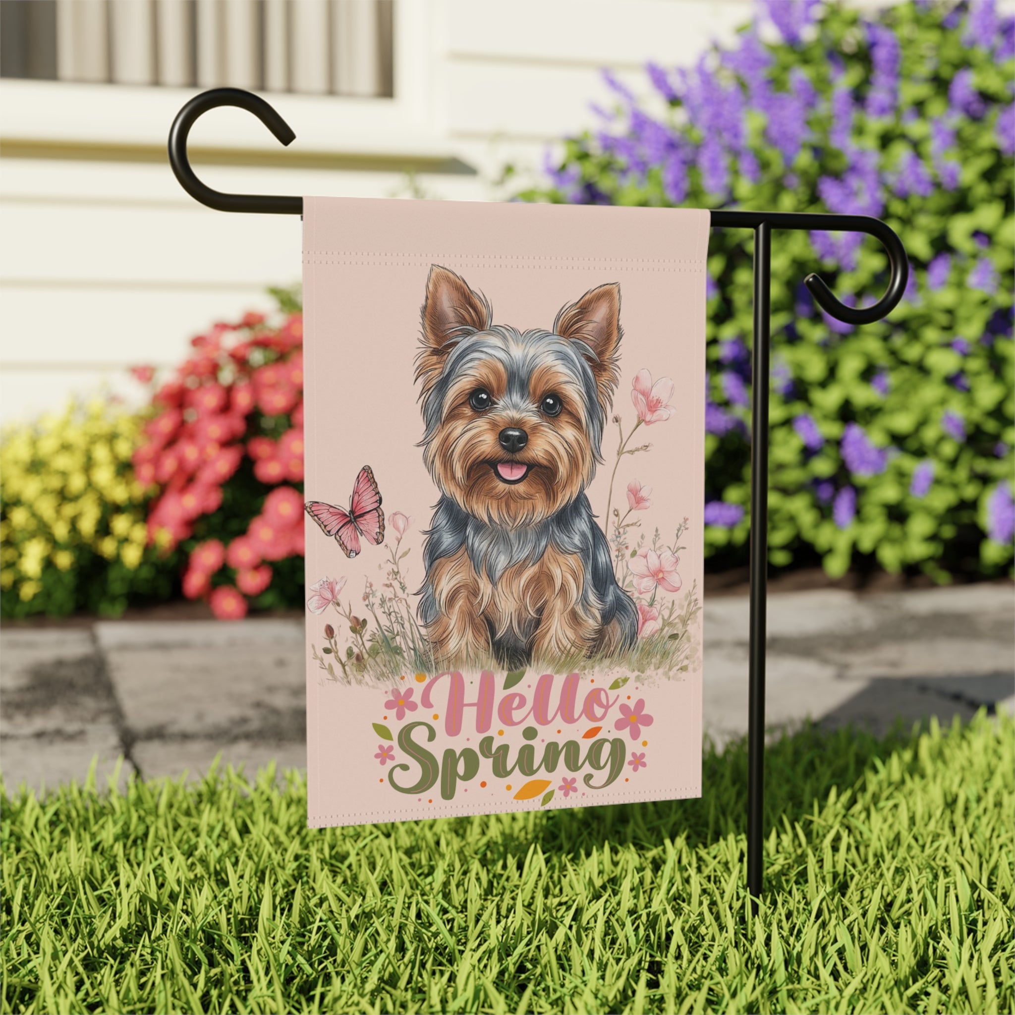 Hello Spring Yorkshire Terrier Garden Flag - close-up detail - Dragonfire Gardens
