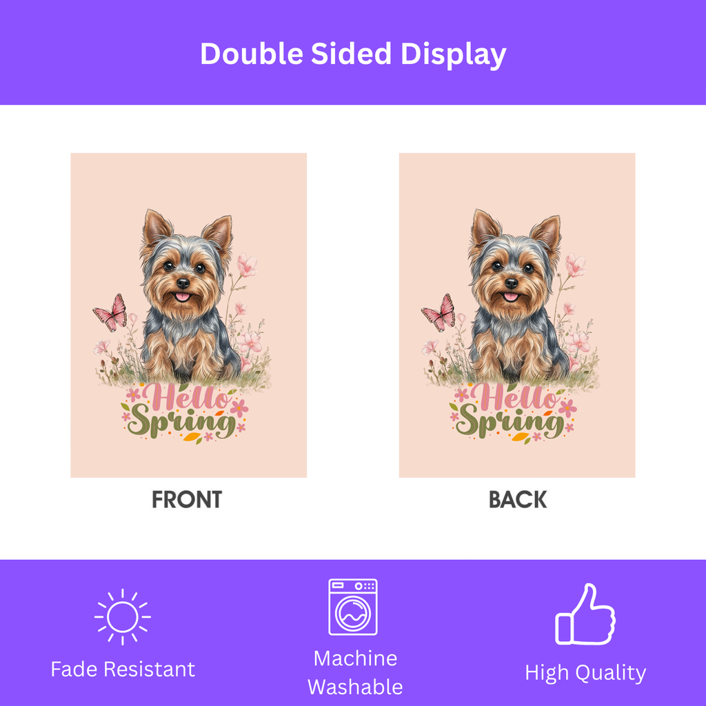 Hello Spring Yorkshire Terrier Garden Flag - size comparison - Dragonfire Gardens