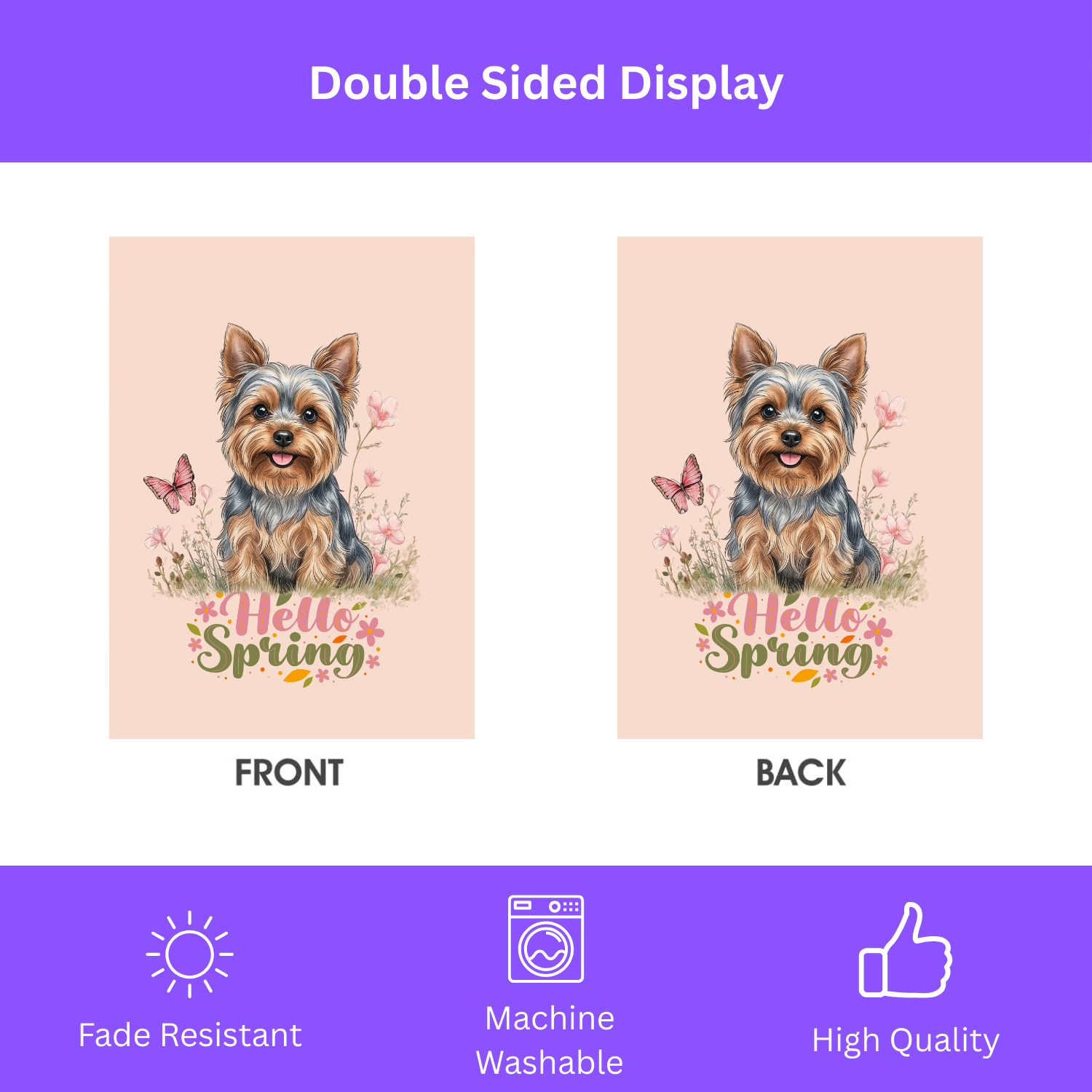 Hello Spring Yorkshire Terrier Garden Flag - size comparison - Dragonfire Gardens