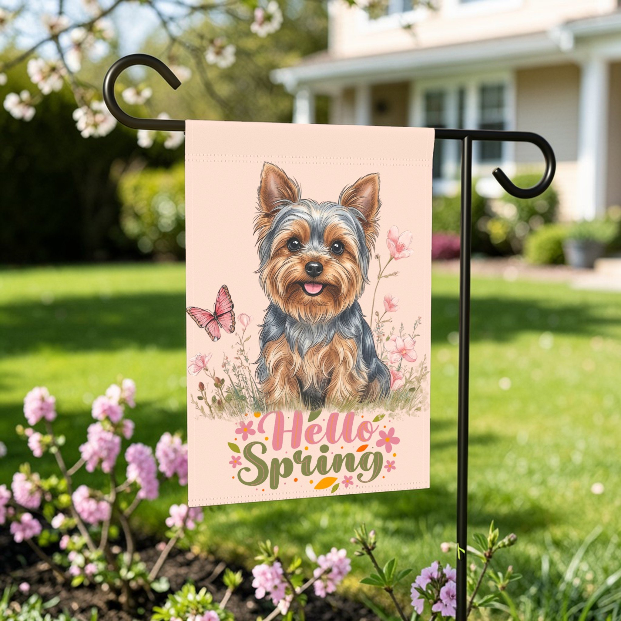 Hello Spring Yorkshire Terrier Garden Flag - front view - Dragonfire Gardens