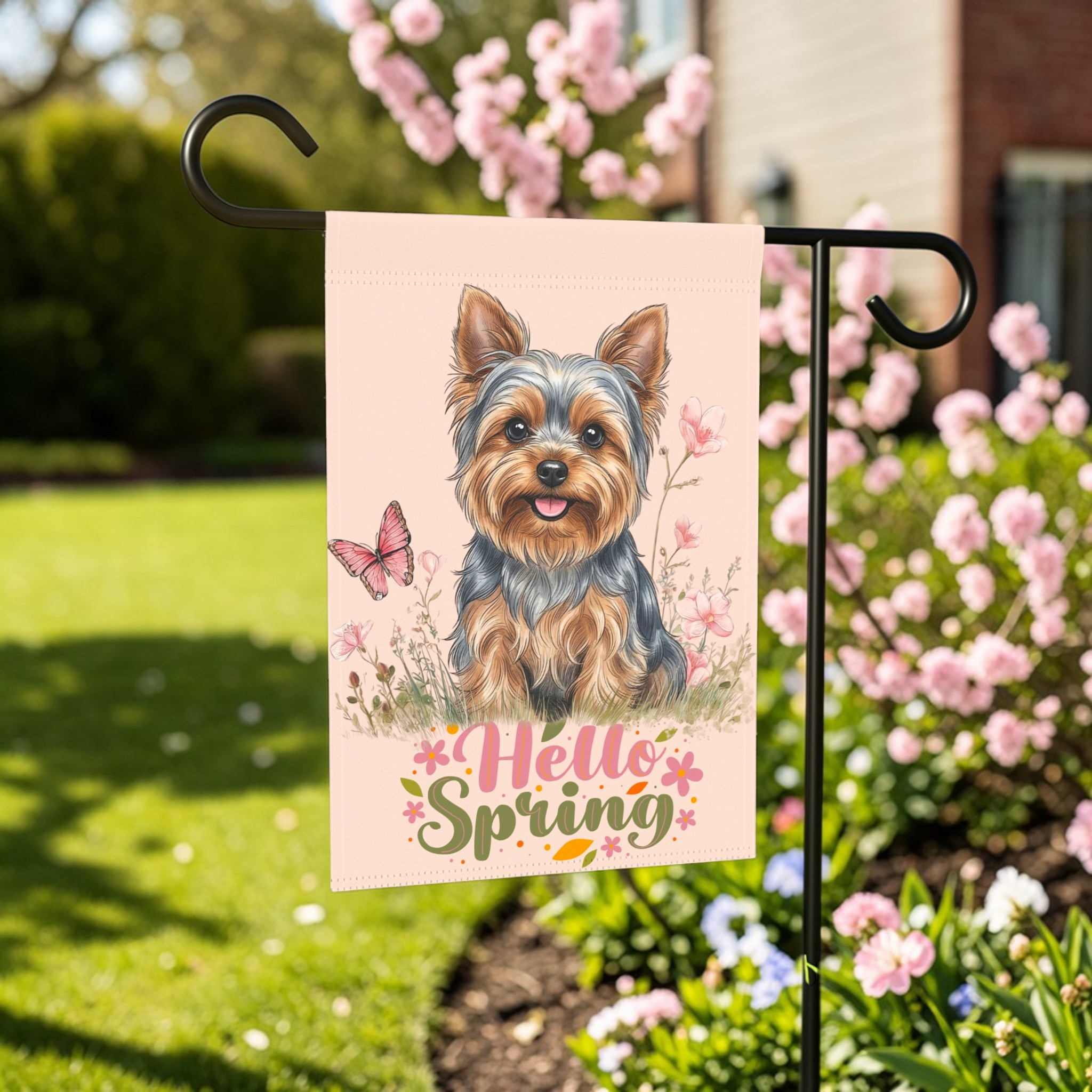 Hello Spring Yorkshire Terrier Garden Flag - outdoor display - Dragonfire Gardens