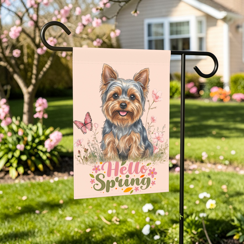 Hello Spring Yorkshire Terrier Garden Flag - lifestyle display - Dragonfire Gardens