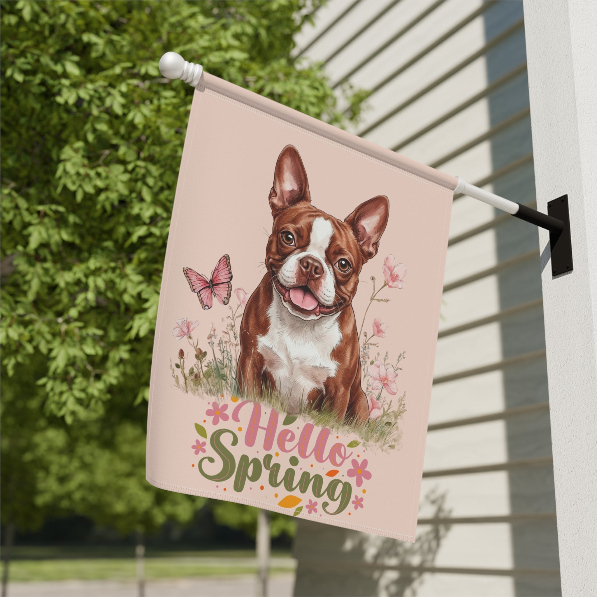 Hello Spring Red Boston Terrier Garden Flag - yard display - Dragonfire Gardens