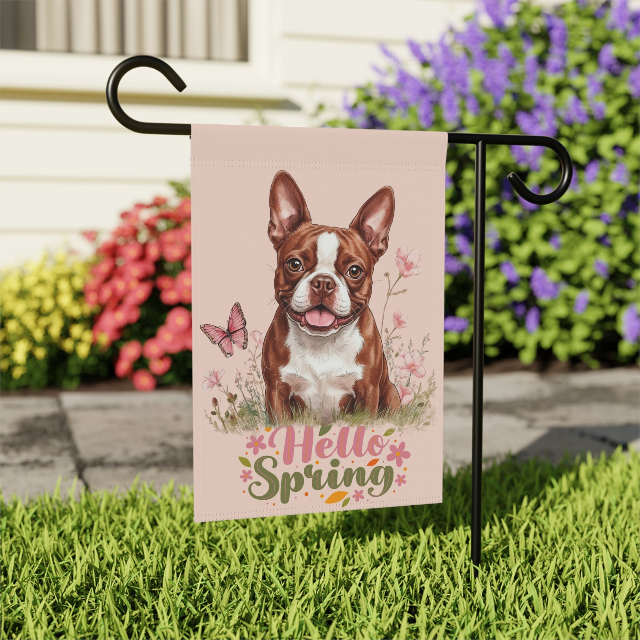 Hello Spring Red Boston Terrier Garden Flag - close-up detail - Dragonfire Gardens