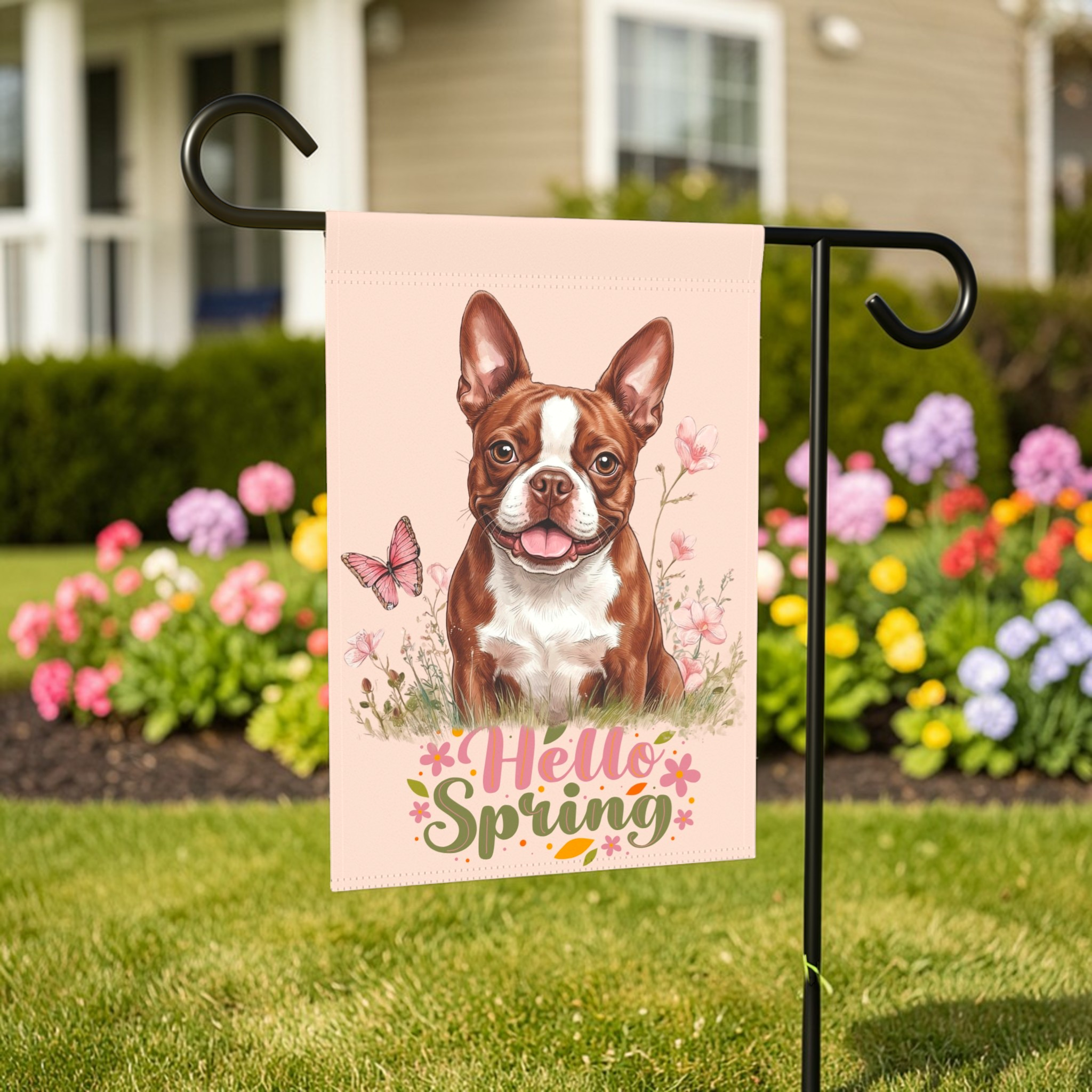 Hello Spring Red Boston Terrier Garden Flag - outdoor display - Dragonfire Gardens