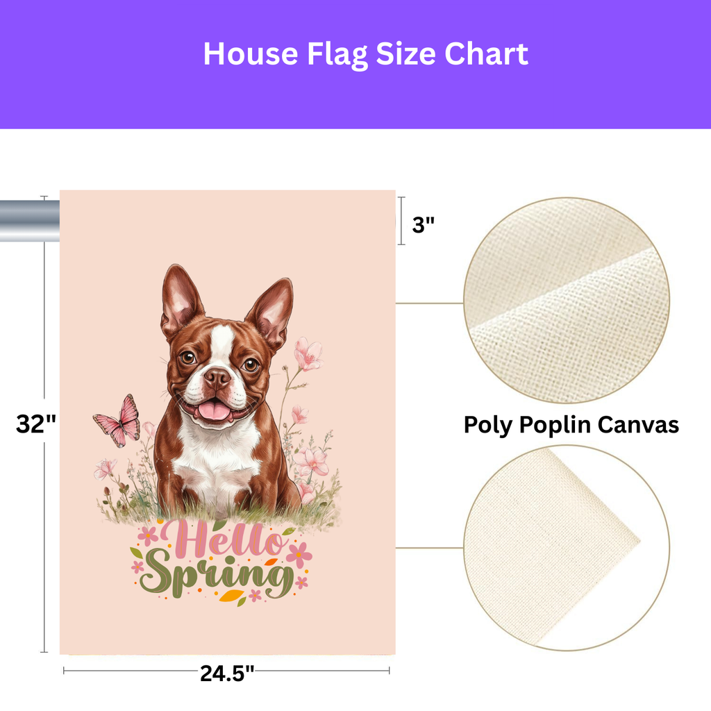 Hello Spring Red Boston Terrier Garden Flag - size comparison - Dragonfire Gardens