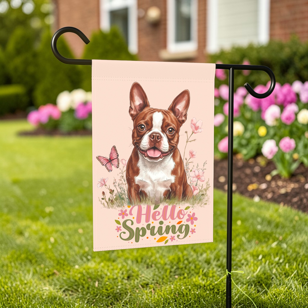 Hello Spring Red Boston Terrier Garden Flag - front view - Dragonfire Gardens