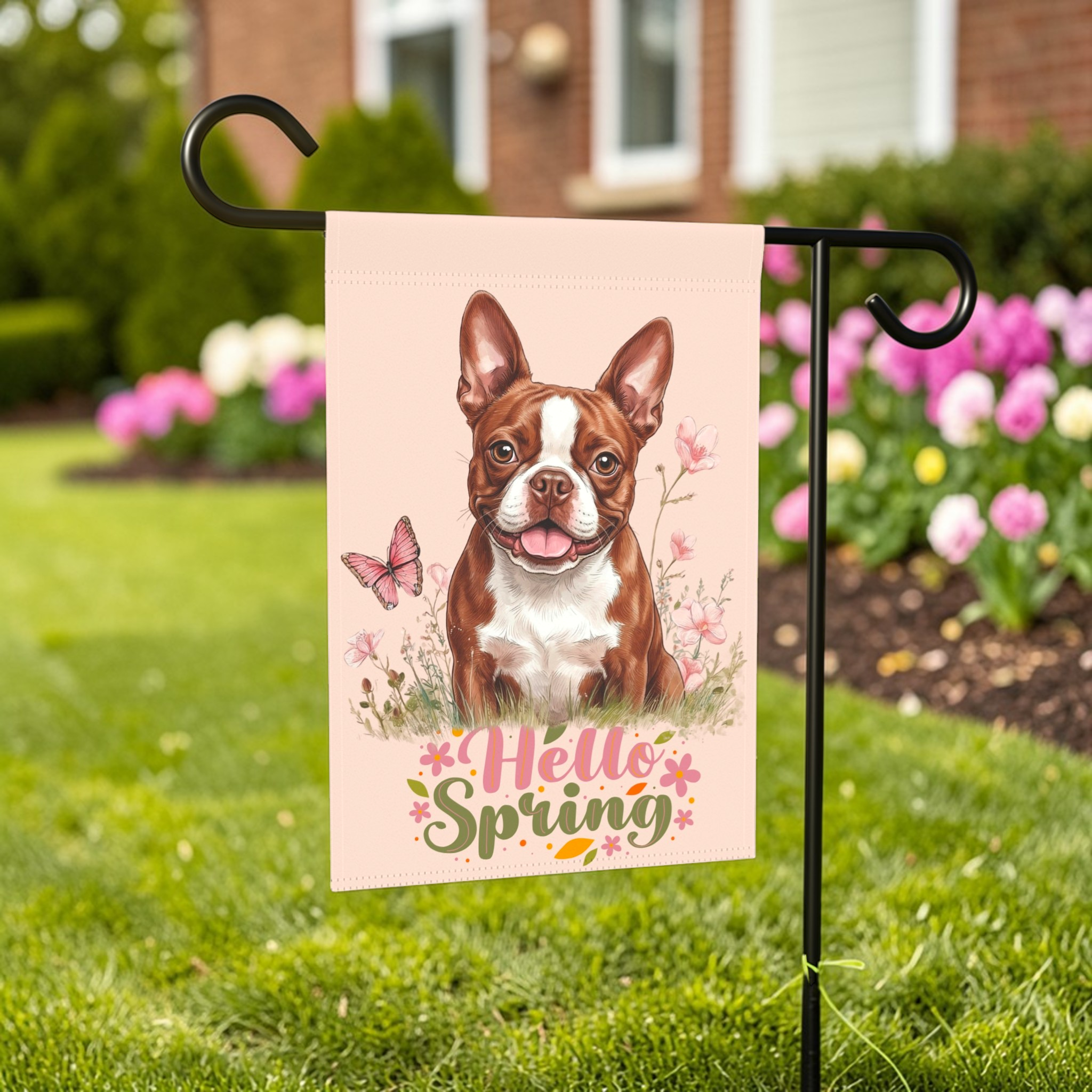 Hello Spring Red Boston Terrier Garden Flag - front view - Dragonfire Gardens