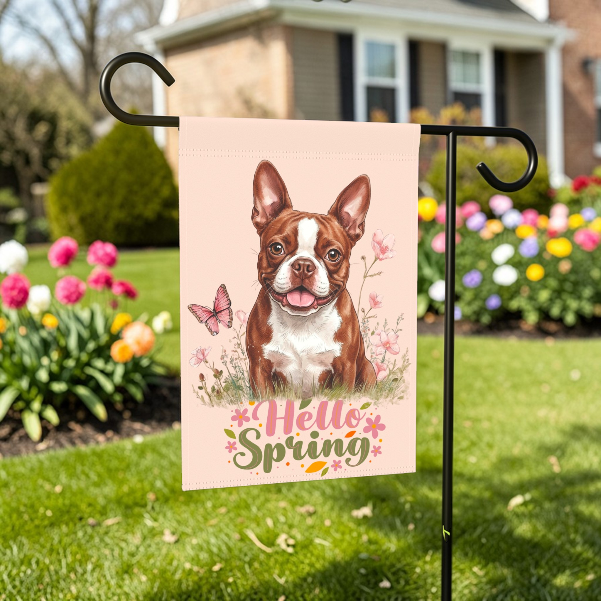 Hello Spring Red Boston Terrier Garden Flag - lifestyle display - Dragonfire Gardens
