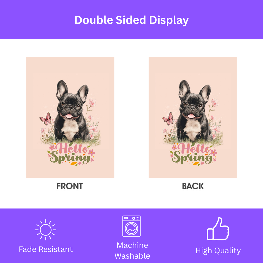 Hello Spring French Bulldog Garden Flag - size comparison - Dragonfire Gardens